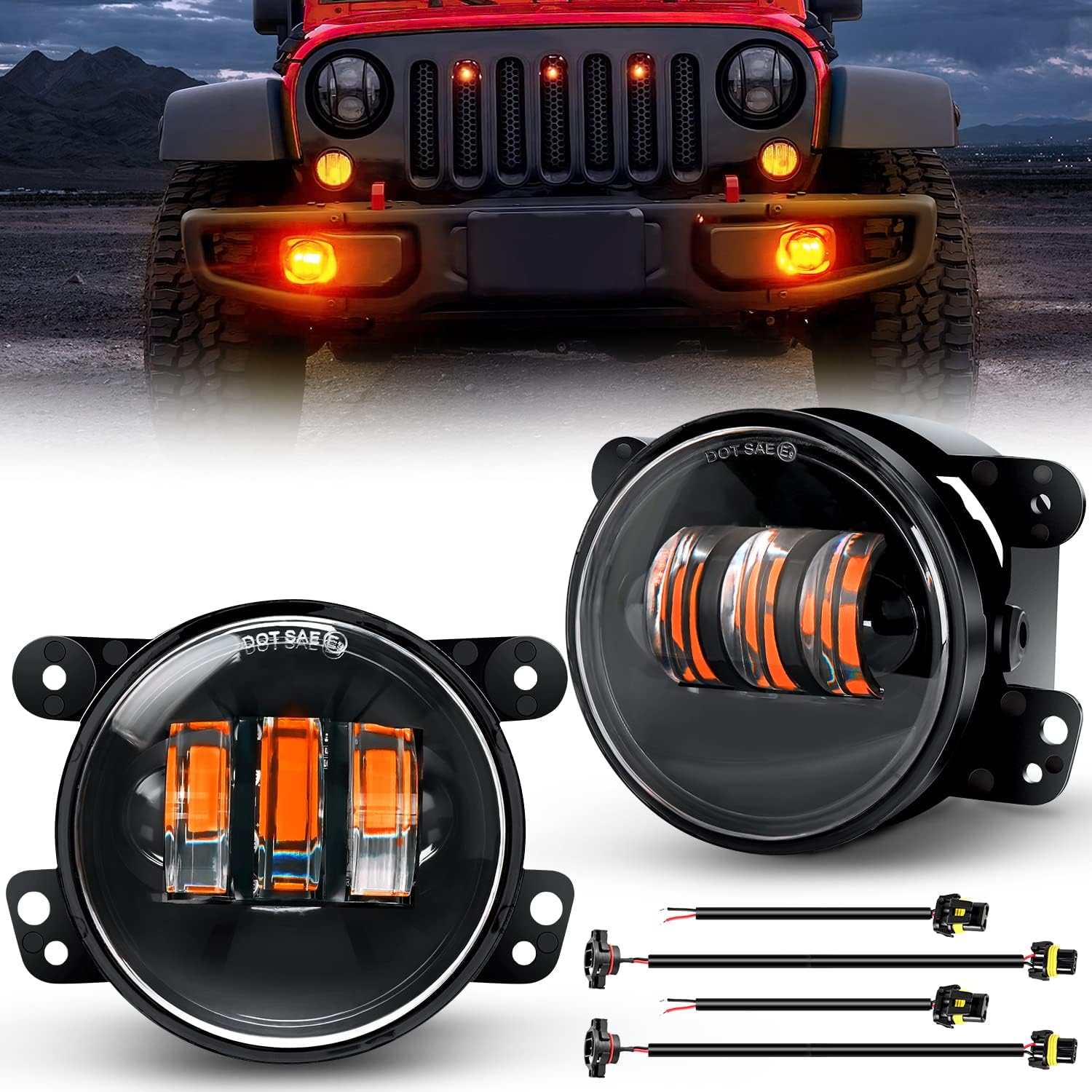 Nilight 4 Inch LED Fog Light Assembly Compatible with 2007 2008 2009 2010 2011 2012 2013 2014 2015 2016 2017 2018 Jeep Wrangler JK Unlimited JKU w/Conversion Cable Amber Fog Lamps, 2 Years Warranty