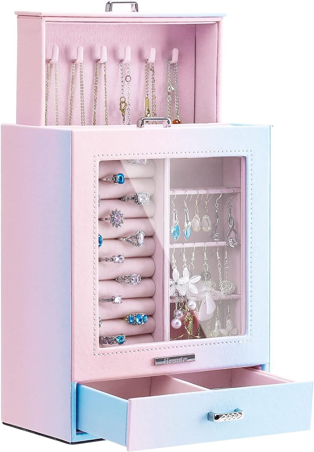 Homde Jewelry Organizer Girls Women Jewelry Box for Necklaces Rings Earrings Gift Jewelry Storage Case (Blue + Pink)