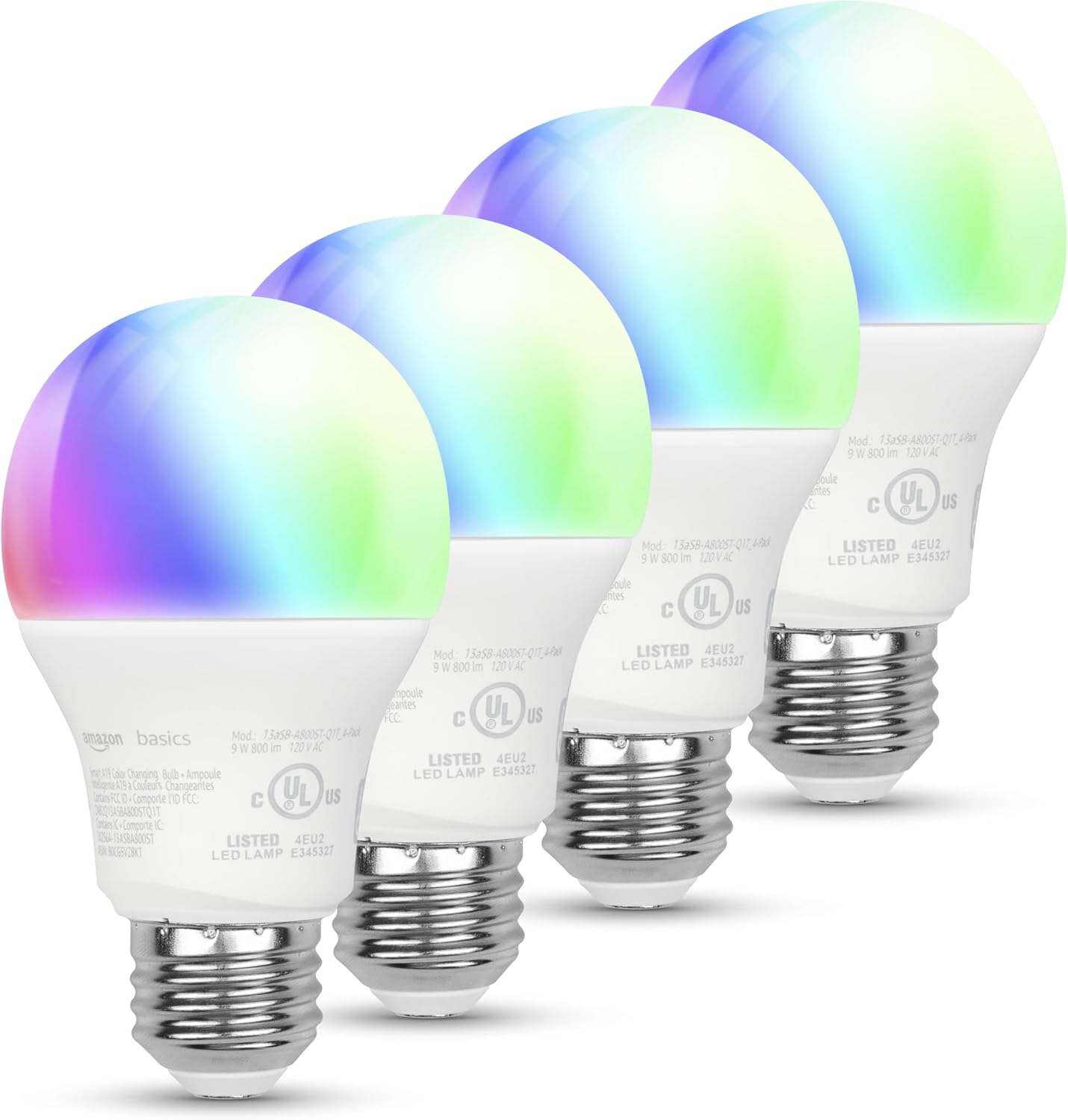 Amazon Basics - Smart A19 LED Light Bulb, 2.4 GHz Wi-Fi, 9W (Equivalent to 60W) 800LM, Works and Dims with Alexa Only, 4-Pack, Multicolor