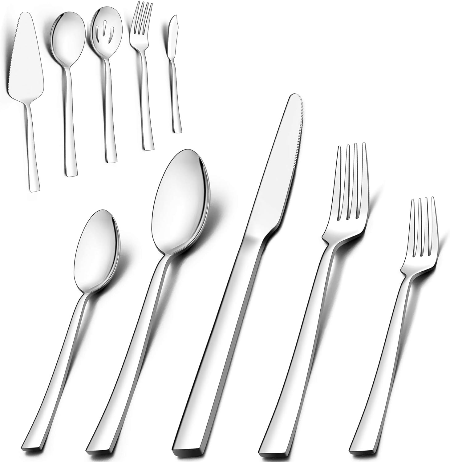 LIANYU 45-Piece Silverware Set with Serving Utensils, Stainless Steel Square Flatware Cutlery Set for 8, Eating Utensils Tableware Set, Mirror Finish