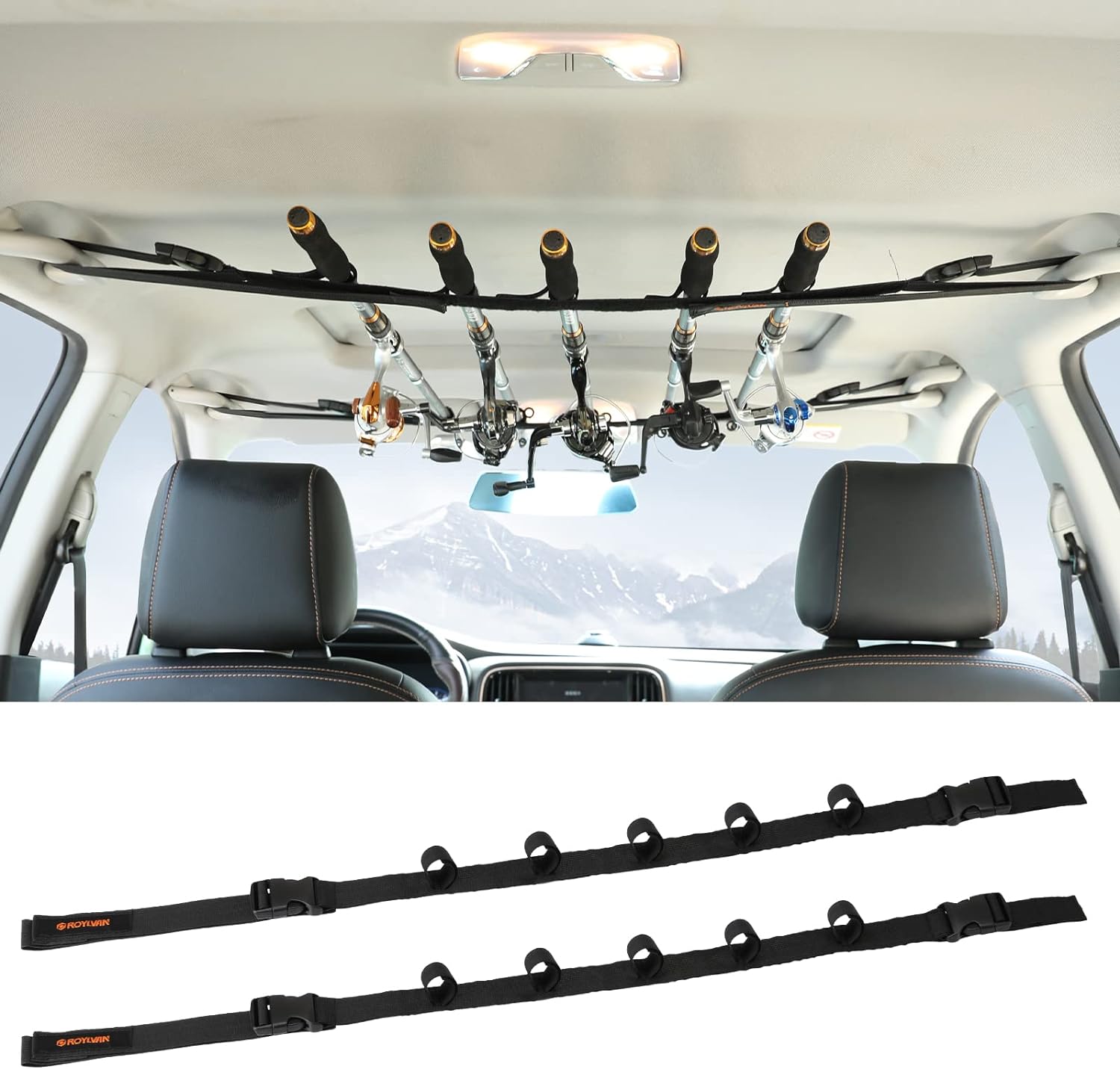 2 Pack Vehicle Fishing Rod Holder for Car, Fishing Pole Car Rack 5 Rods Capacity, Adjustable 30 to 54 Inches Horizontal Car Roof Fishing Pole Storage Carrier Belt for SUV, Truck and Van, Black