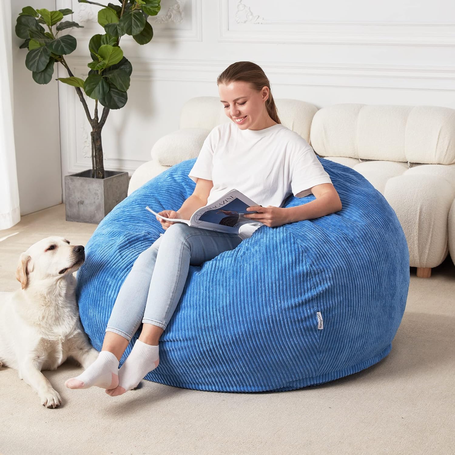 Homguava Bean Bag Chair: Teardrop Bean Bags with Memory Foam Filled, Compact Beanbag Chairs Soft Sofa with Corduroy Cover (Blue)