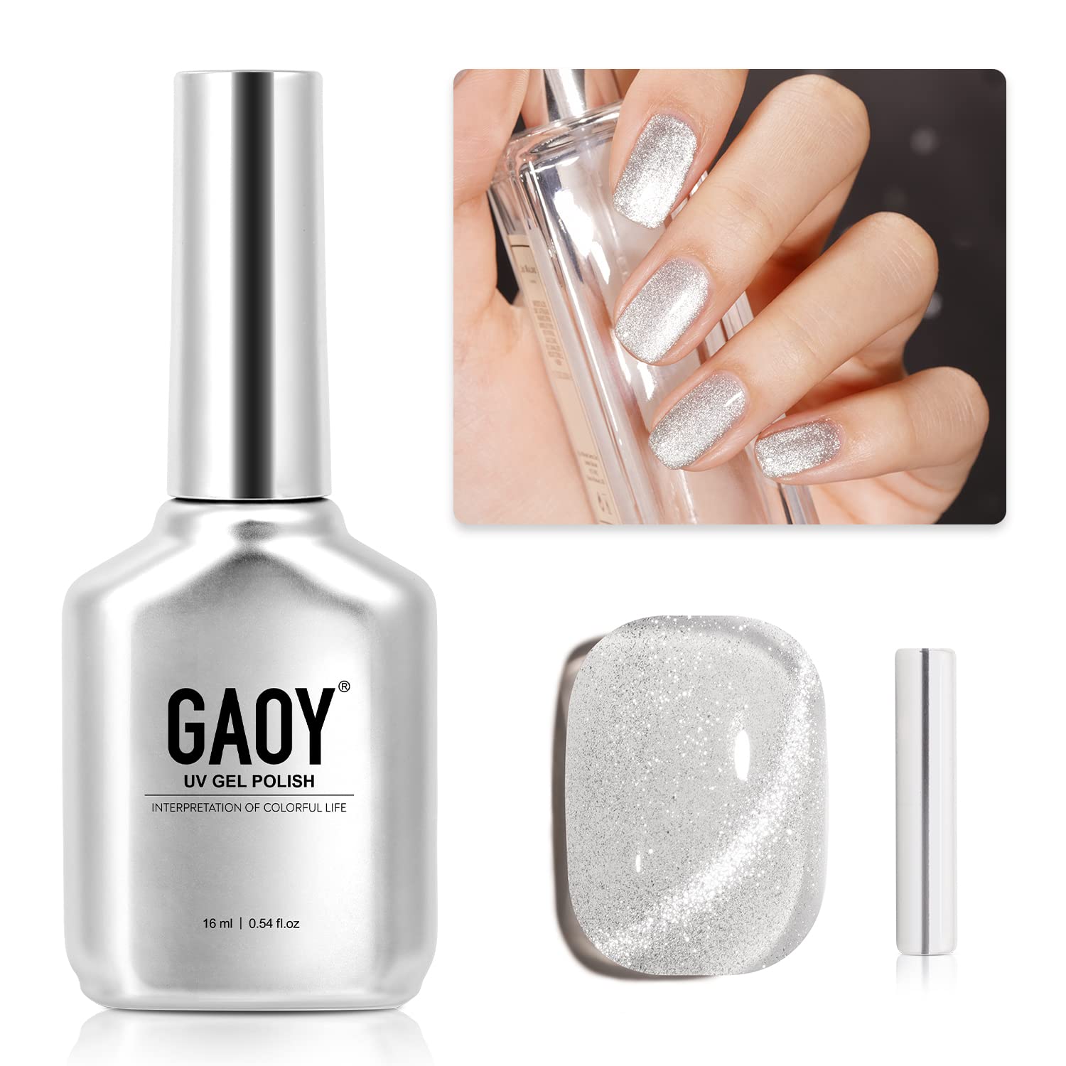 GAOY Cat Eye Gel Nail Polish, Glitter Holographic Nail Polish with Magnet, 16ml Reflective Translucent UV Gel for Nail Art, 1138 Silver