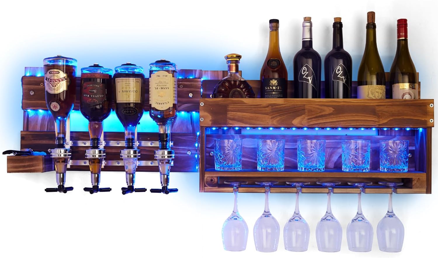 Homde Wine Rack with LED Light Wall Mounted Wood Wine Shelf with Bottle Stemware Glass Holder Rustic Wine Display Storage Rack with 4-Bottle Liquor Dispenser for Home Bar Kitchen Decor