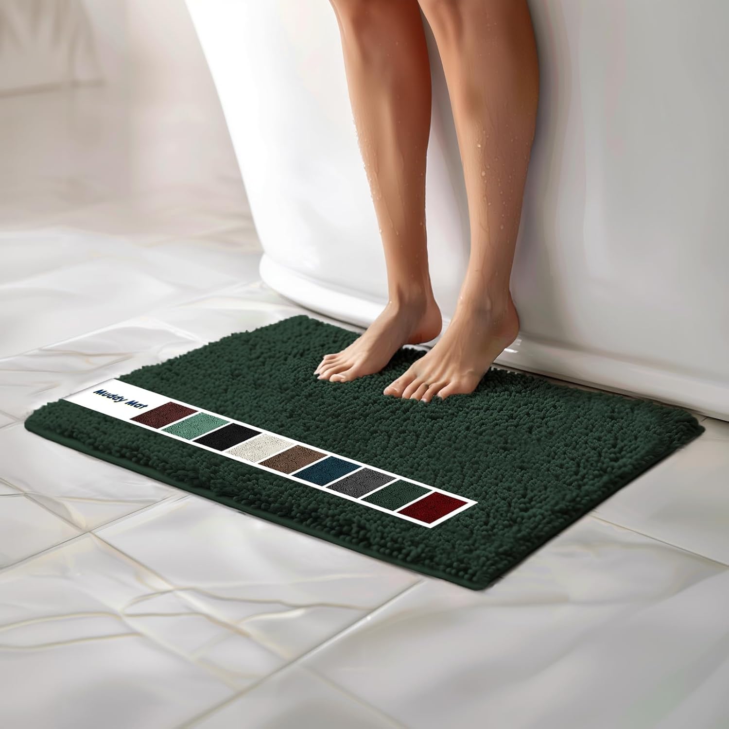 Muddy Mat Chenille Bathroom Rugs Quick Dry Microfiber Mats Non Slip Washable, Extra Thick, Soft and Highly Absorbent Bath Mats for Bathroom, Kitchen, and Shower Floor - Dark Green Small 28X18