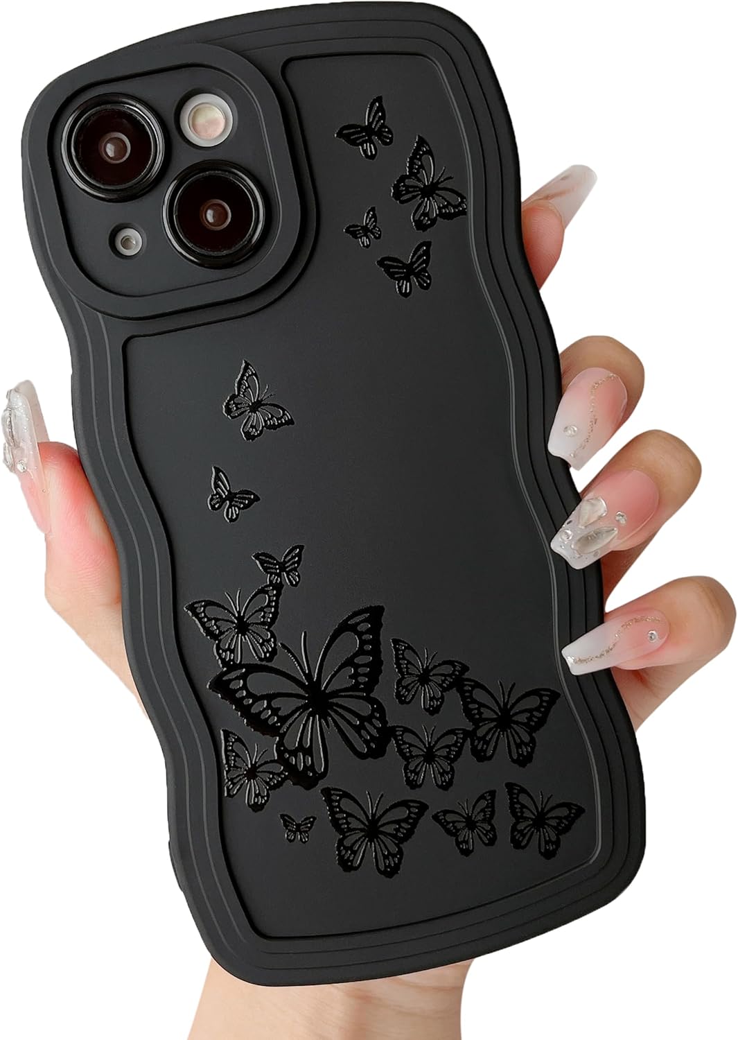 ZTOFERA Wavy Phone Case for iPhone 13,Unique Curly Wave Frame & Butterfly Pattern, Black Soft Liquid Silicone Anti-Fingerprint Shockproof Full Coverage & Lens Protective Case for iPhone 13-Butterfly