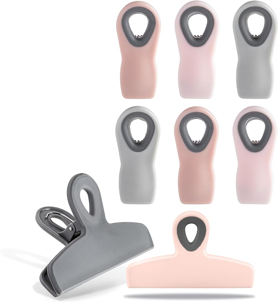 Cook with Color Set of Eight Bag Clips, 2 Large Heavy Duty Chip Clip and 6 Refrigerator Magnet Clips for Food Storage with Air Tight Seal Grip for Snack Bags and Food Bags (Pink and Grey)
