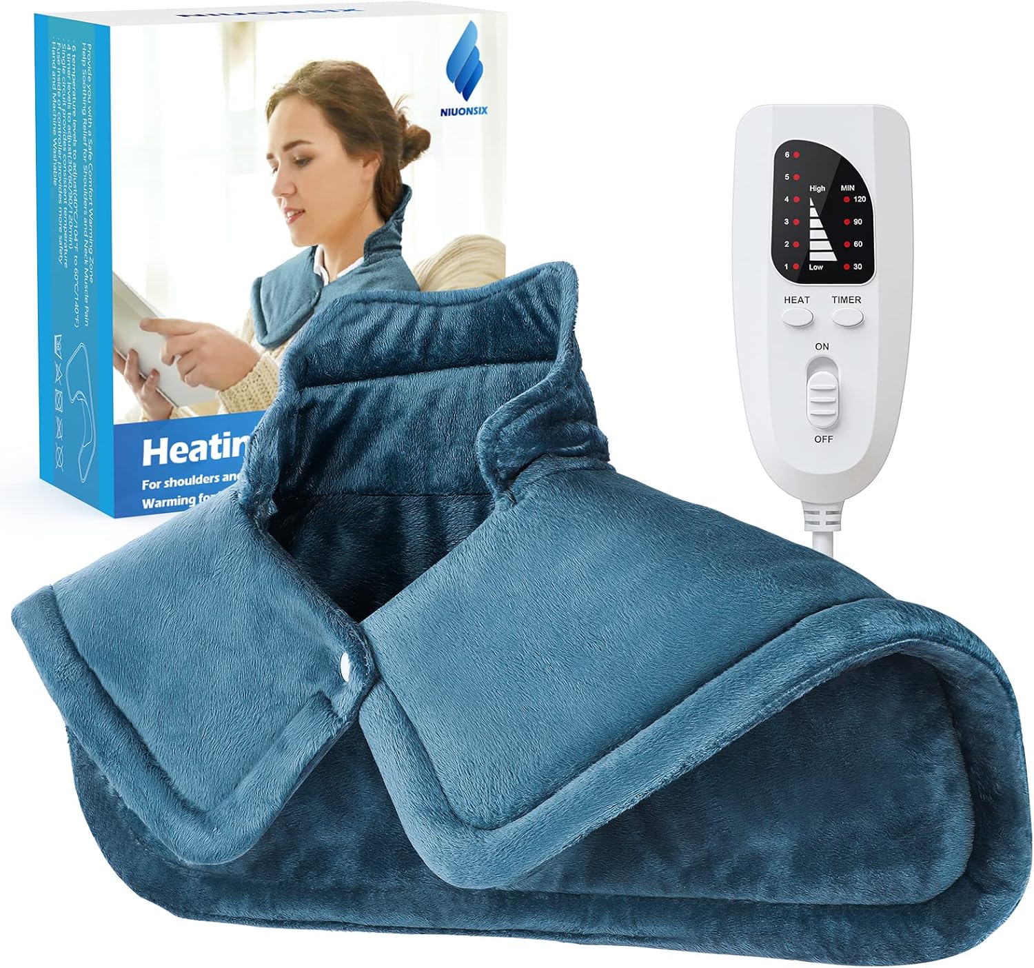 Heating Pad for Neck and Shoulders, NIUONSIX 2lb Weighted Electric Neck Heating Pad for Back Pain Relief 6 Heat Settings 4 Timers Auto Off Birthday Christmas Gifts for Women Mom Men Dad Blue