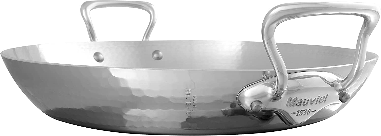 Mauviel+M%27Elite+5-Ply+Hammered+Polished+Stainless+Steel+Paella+Pan+With+Cast+Stainless+Steel+Handles%2c+15.7-in%2c+Made+in+France