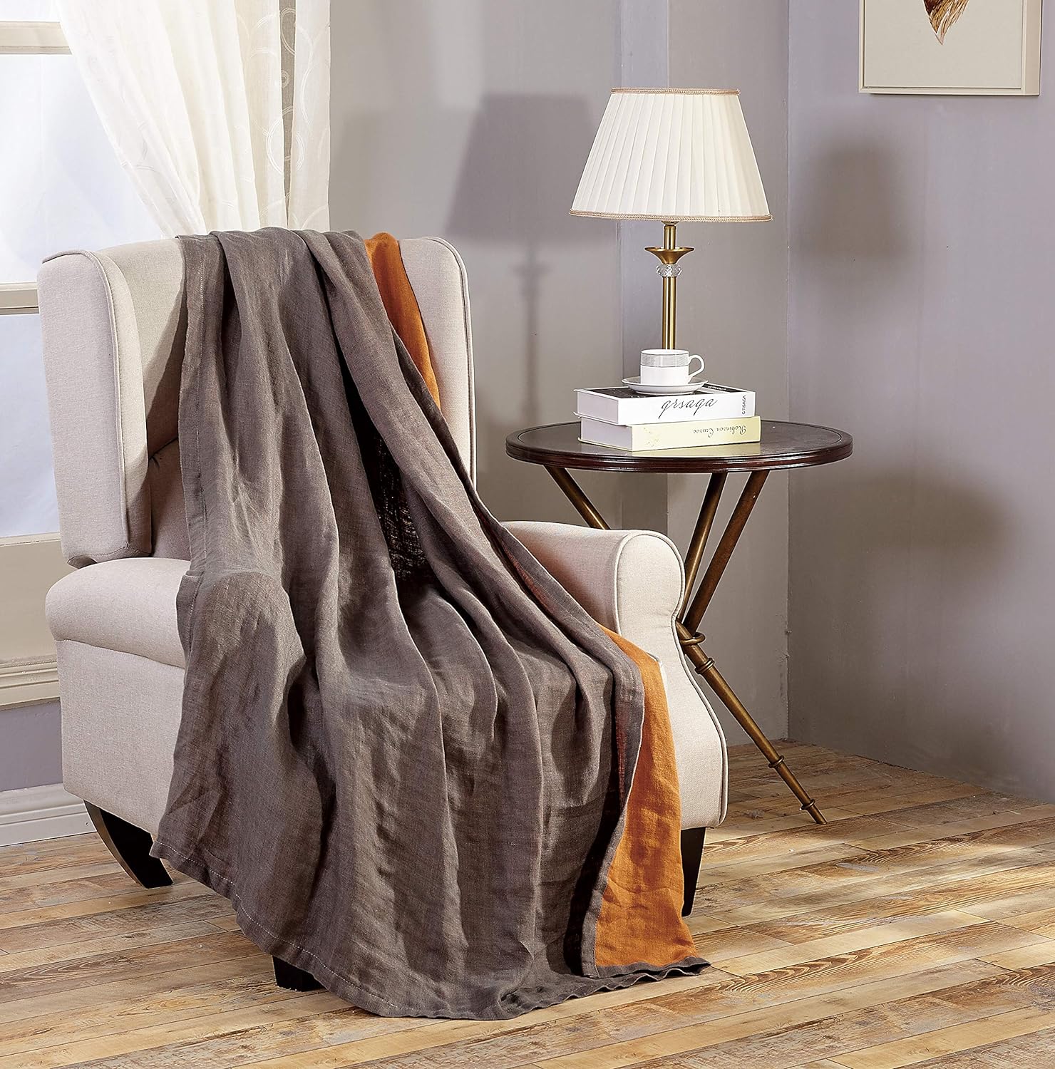 Chezmoi Collection Brussels 100% Belgian Flax Linen Throw Blanket for Couch, Bed - Super Soft Lightweight Cozy Breathable Pre-Washed Reversible Throw Blanket, Gray/Orange, 50" x 70"