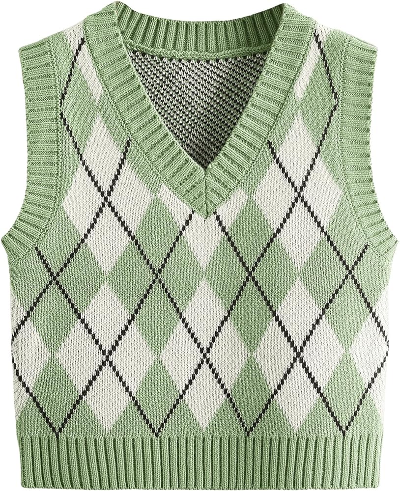 SweatyRocks Women&#39;s Plaid Geo Sleeveless V Neck Knit Crop Top Sweater Vest