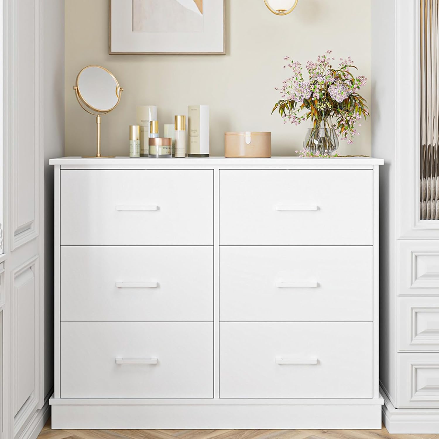 finetones+White+Dresser+6+Drawer+Dresser%2c+White+Chest+of+Drawers+Modern+Dresser+with+Deeper+Drawers%2c+42.5%27%27+x+34.2%27%27+x+15.7%27%27+Inch+Chest+of+Drawers+Dresser+for+Home+Office