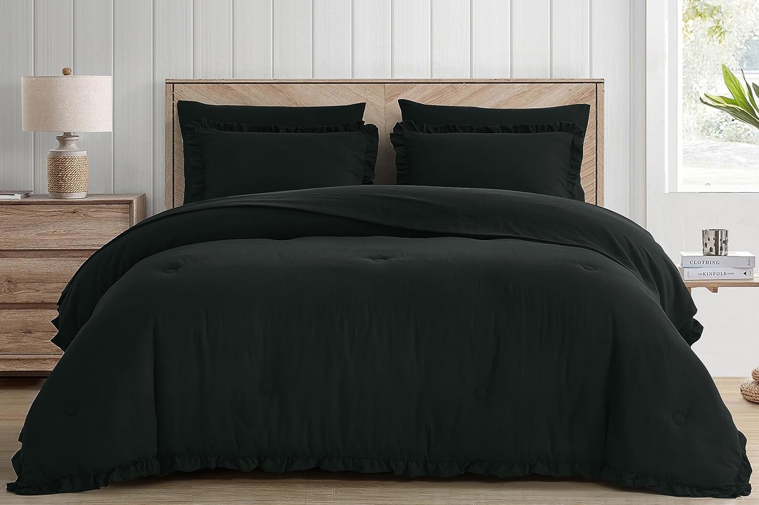 Chezmoi Collection Eleanora Oversized King Bed in a Bag 7-Pieces Ruffled Edge Trim Stone Washed Brushed Microfiber Comforter with Sheets Lightweight All Season Bedding Set (Oversized King, Black)