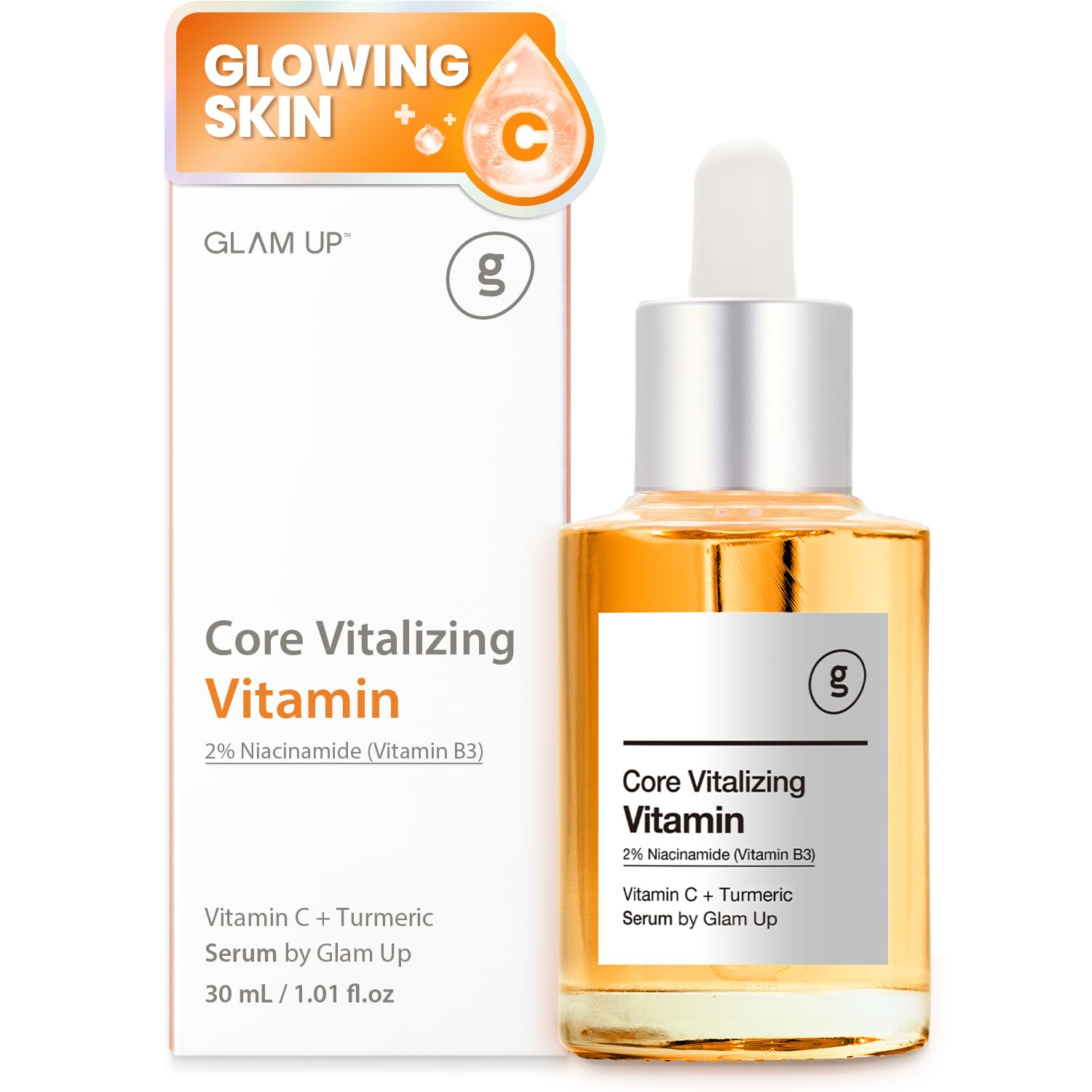 GLAM UP Core Vitalizing Vitamin-C Niacinamide 5% Serum - Hyaluronic Acid, Vitamin-C-B3 for Facial Brightening Clearing Serum, Anti Aging and Improve Skin Tone, Vegan & Cruelty Free 30ml (1.12 Fl Oz)