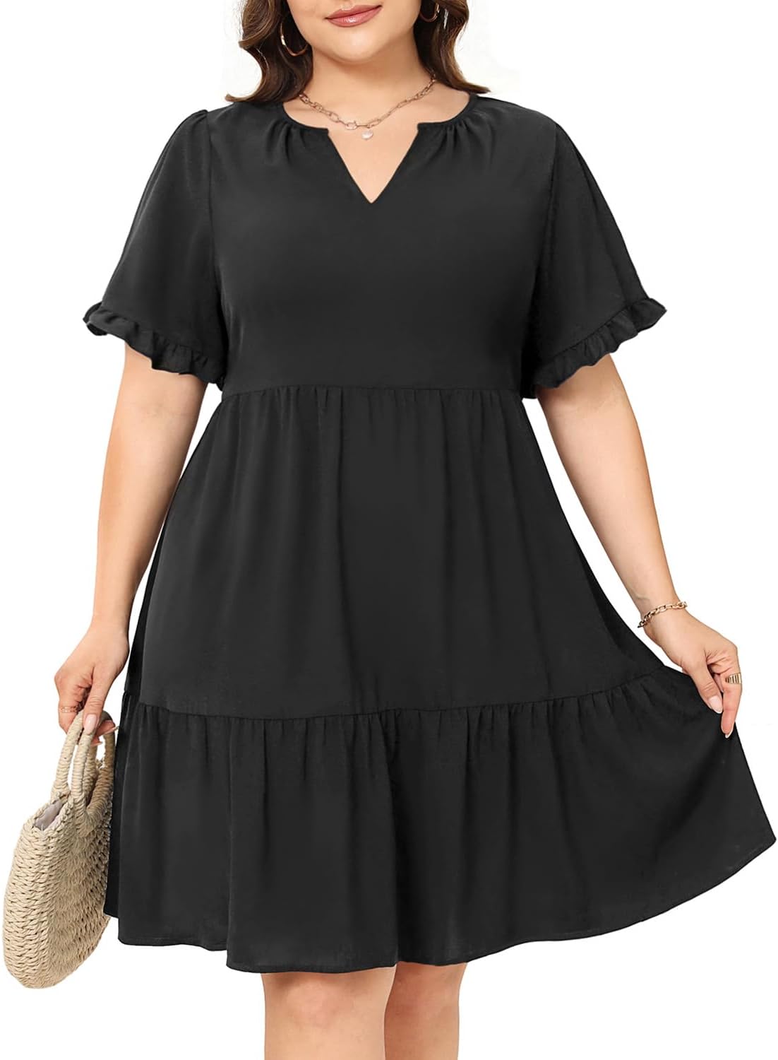 Pinup Fashion Women' Plus Size Summer Babydoll 2024 Tunic V Neck Short Sleeve Ruffle Casual Tiered Flowy Dress