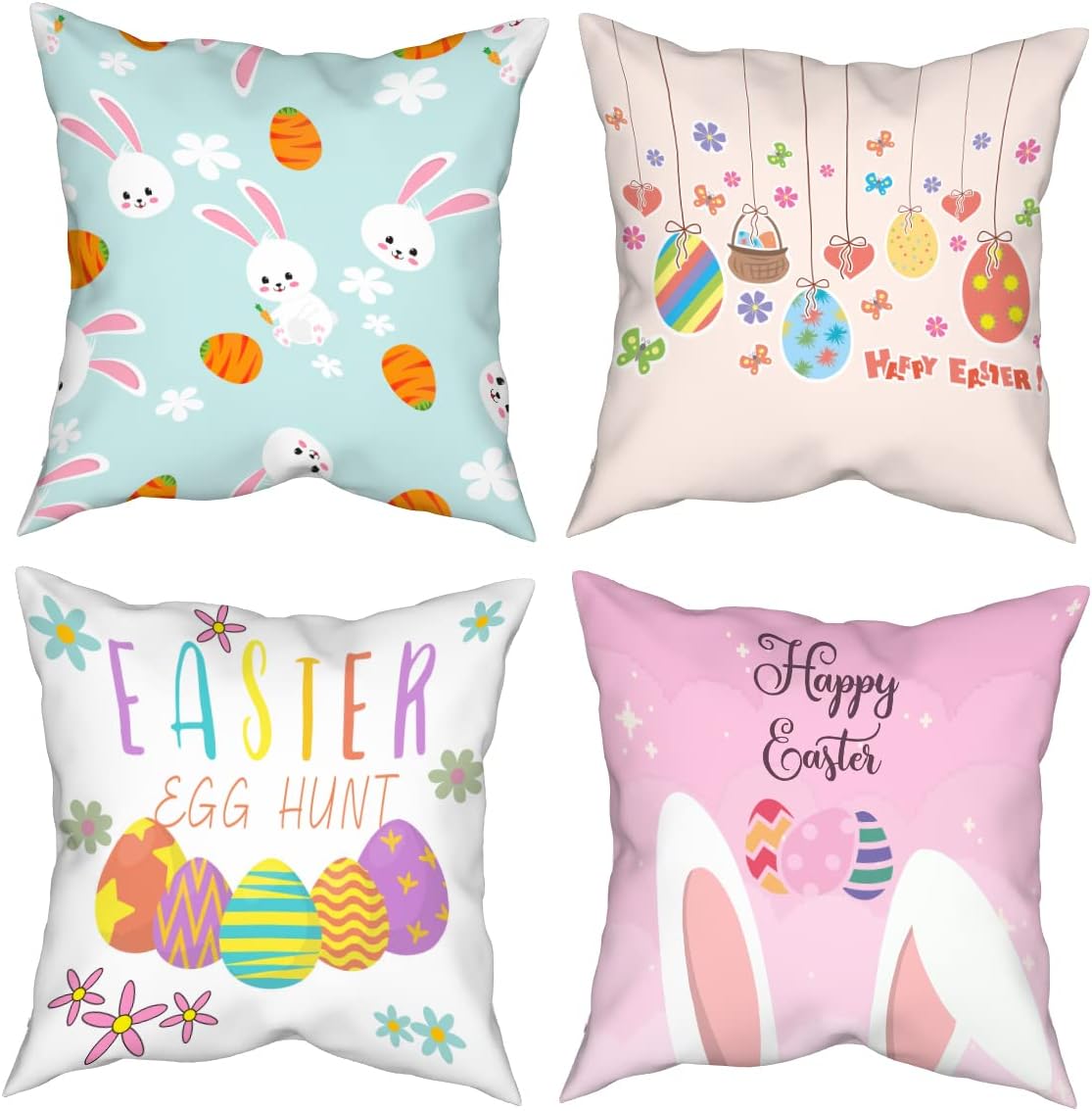 Easter Throw Pillow Covers Cartoon Easter Bunny Eggs Decorative Pillowcase Cotton Pillow Cushion Case for Living Room Sofa Couch 18x18 Inch Set of 4, White Blue Pink