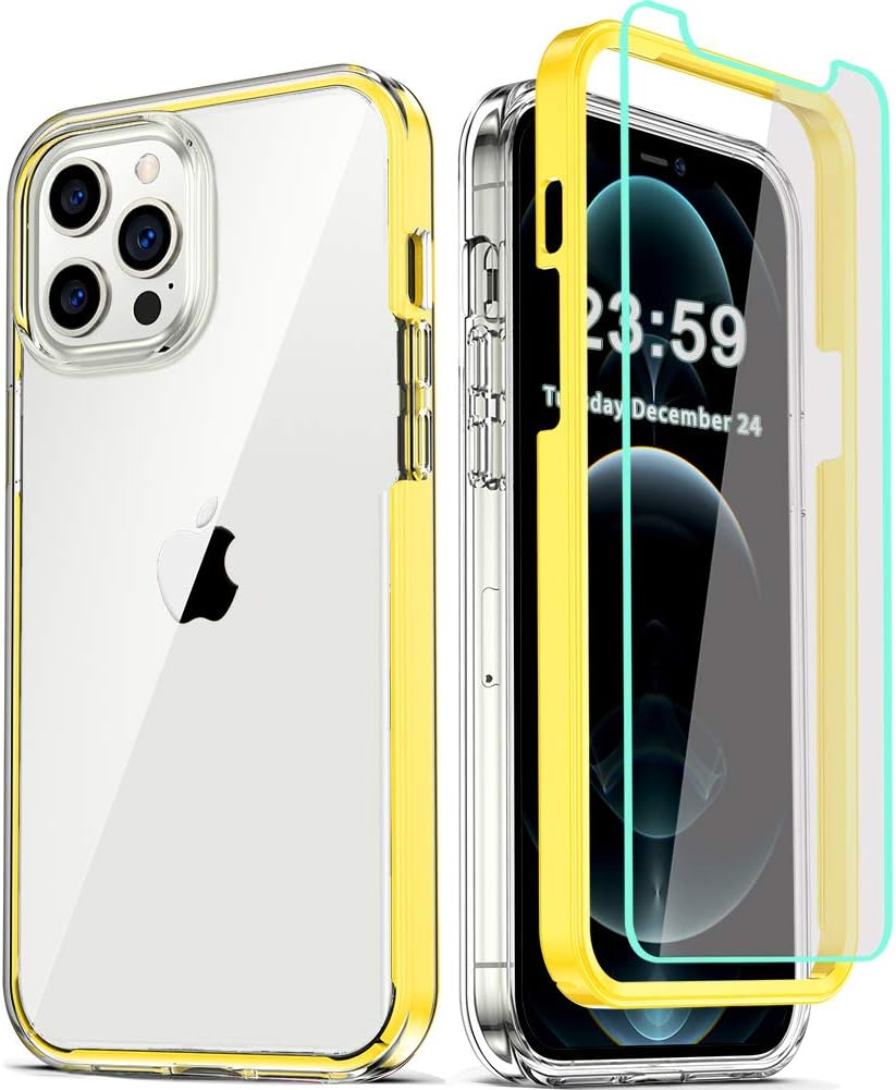 COOLQO Compatible for iPhone 12 Pro Max Case 6.7 Inch, with [2 x Tempered Glass Screen Protector] Clear 360 Full Body Coverage Silicone Protective 13 ft Shockproof Phone Cover Yellow