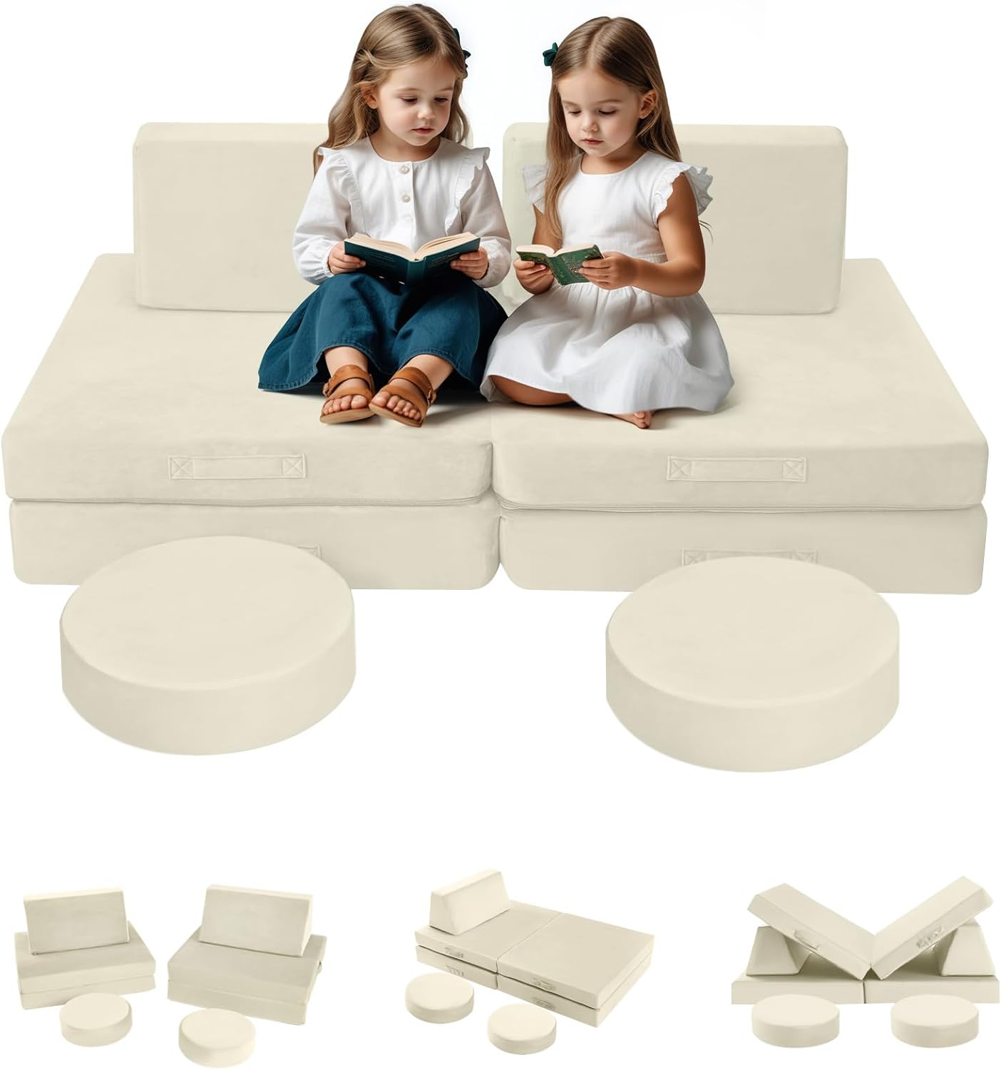 MeMoreCool Kids Couch Sofa Modular Toddler Couch for Playroom, 8-Piece Fold Out Baby Couch Play Set, Children Convertible Sofa Foam Couch