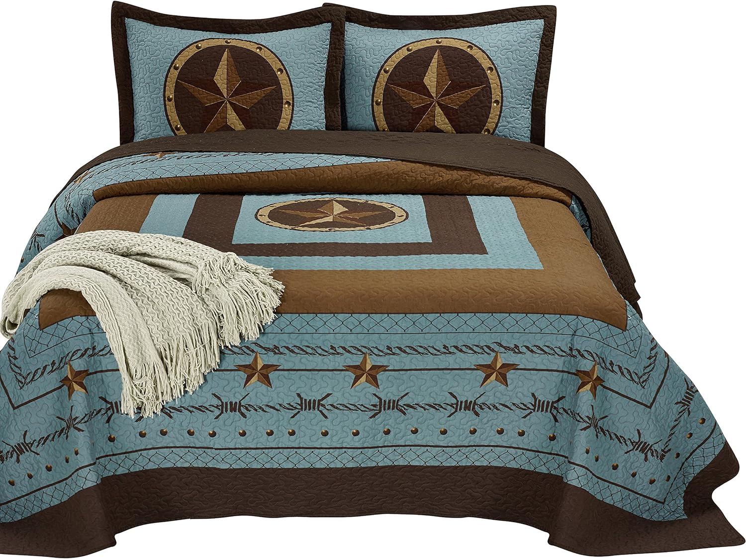 Chezmoi Collection Tucson 3-Piece Pre-Washed Western Star Oversized Bedspread Quilt Set Queen Size (100" x 106"), Cabin Lodge Bedding Coverlet Set, Turquoise