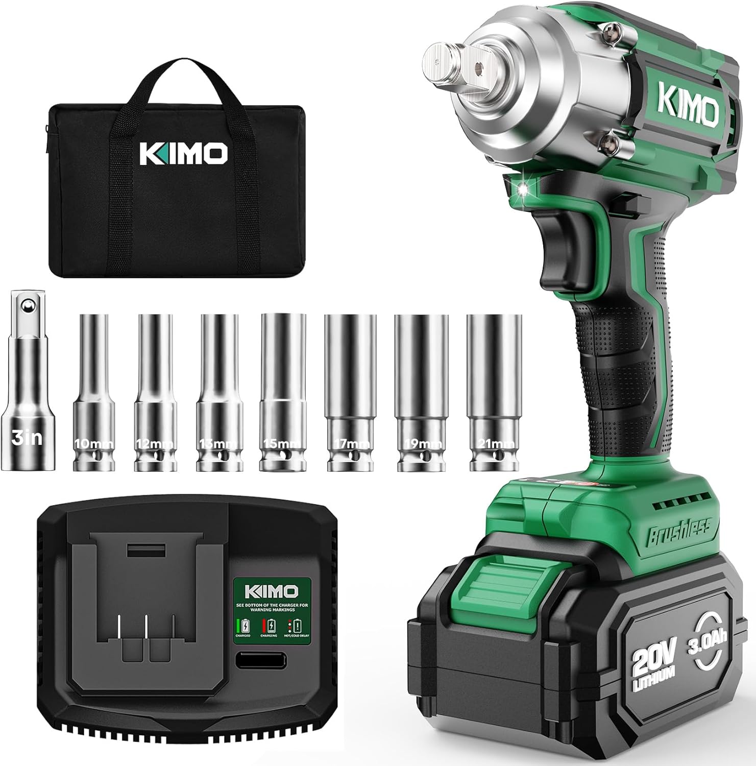 KIMO 20V Cordless Impact Wrench Set, 7 Sockets, 3 Inch Extension Bar, High Torque Impact Brushless Wrench with 3/8 Chuck, 3000 RPM, 3000mAh Li-ion Battery, Charger, Power Impact Wrench for Home Car