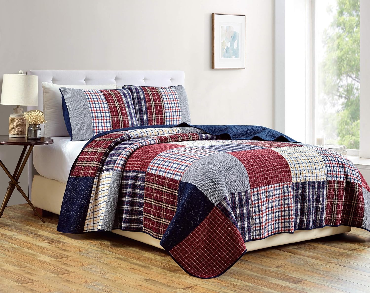 Chezmoi Collection Grizzly 3-Piece Plaid Checkered Patchwork Quilted 100% Washed Cotton Reversible Bedspread Quilt Set, Queen