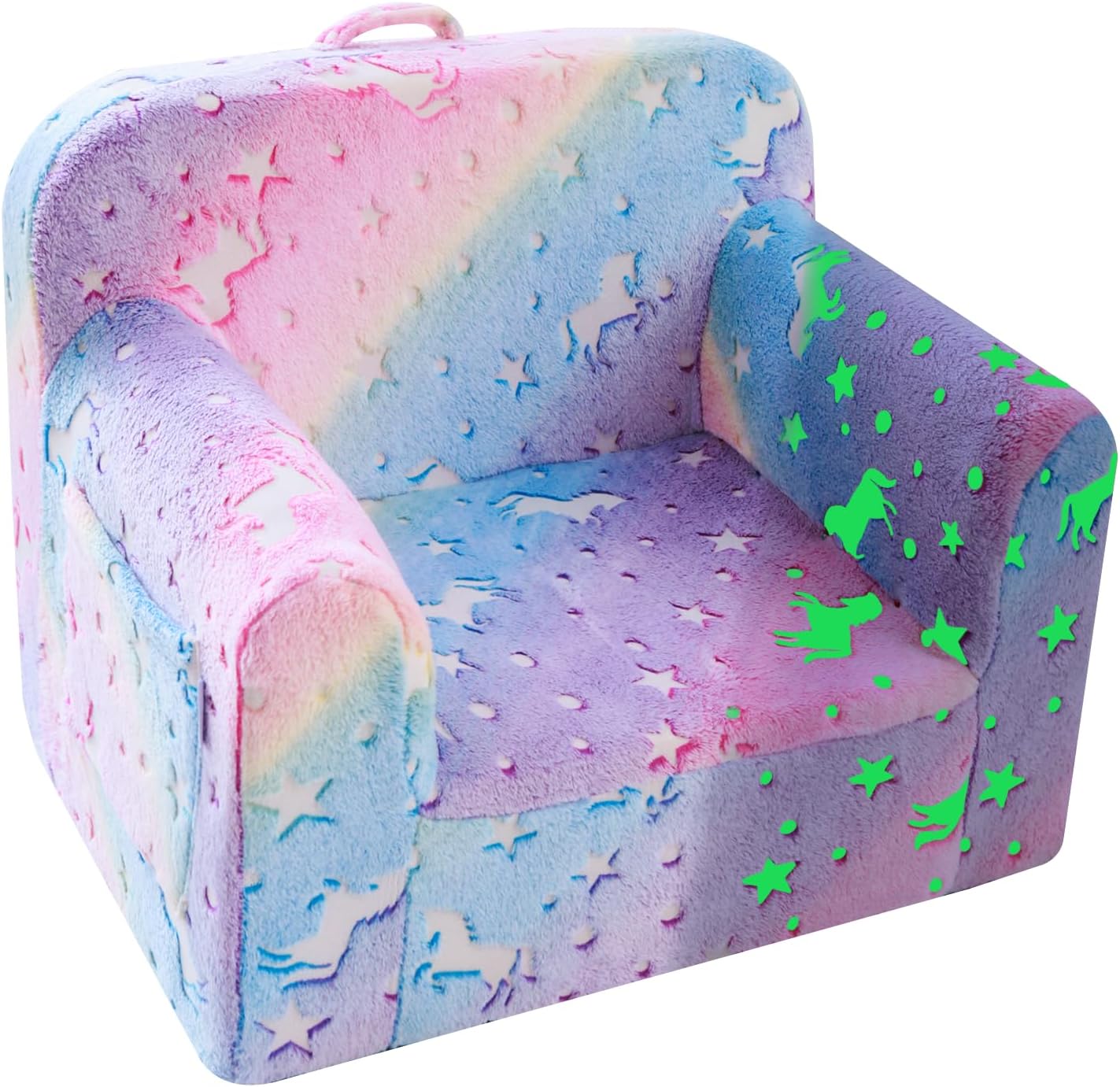 MeMoreCool Kids Couch Comfy Toddler Chair Plush Armchair, Baby Sofa Chair Soft Kid Foam Chair, Unicorn Children Chair Glowing Child Cozy Chair for Playroom Bedroom Furniture, Glow Sofa Colorful