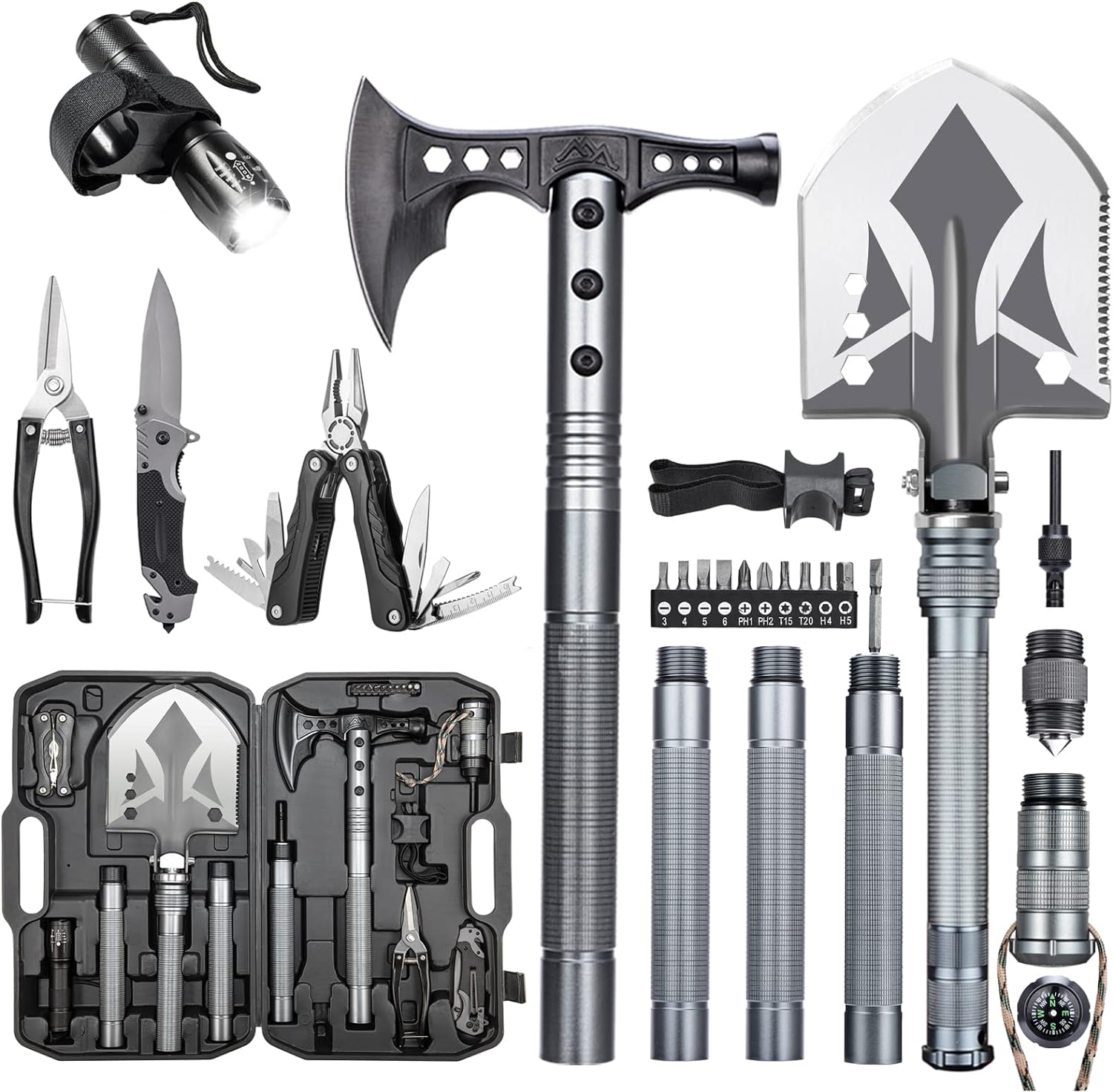 ZENHOSIT Multifunctional Folding Tactical Shovel Hatchet Combo - With Axe, Flashlight, Extension Handles - For Camping, Cycling, Hiking - 19.3-40.9 Inches