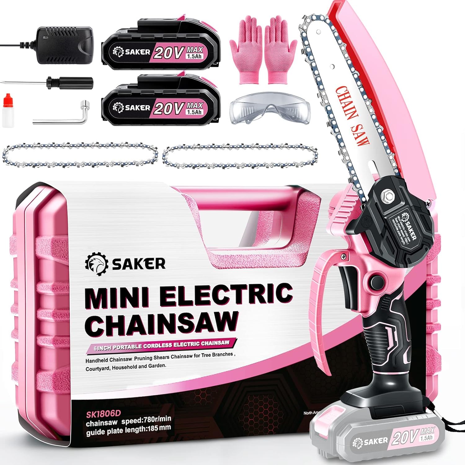 Saker Mini Electric Chainsaw,6 Inch, Handheld Portable Chain Saw Pruning Shears Chainsaw Cordless for Tree Branches,Household and Garden(SAKER MINI CHAINSAW PINK   2 BATTERIES   3 CHAINS)