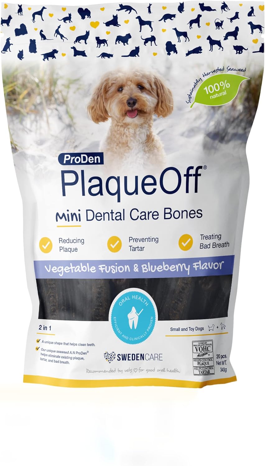 Proden Plaque Off Mini Dental Bones Vegetable Fusion and Blueberry 20 Count / 12 Ounces, Brown (PDDCB7)