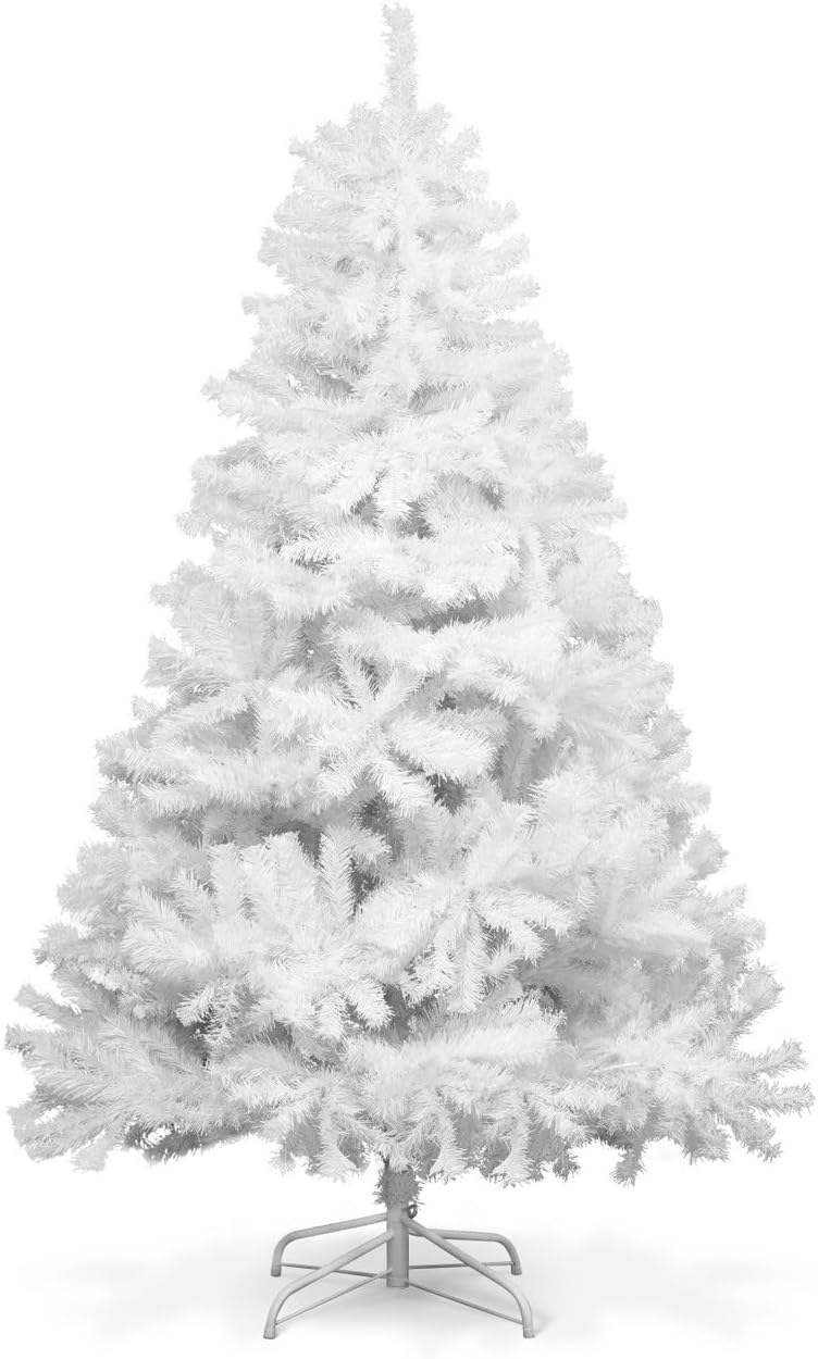 CAPHAUS 6 Feet Premium Full Artificial White Christmas tree w/ 1000 Branch Tips & Foldable Stand, Pre-Hinged, Fake White Xmas Tree for Indoor, Office, Party, Holiday Decoration, White Tree