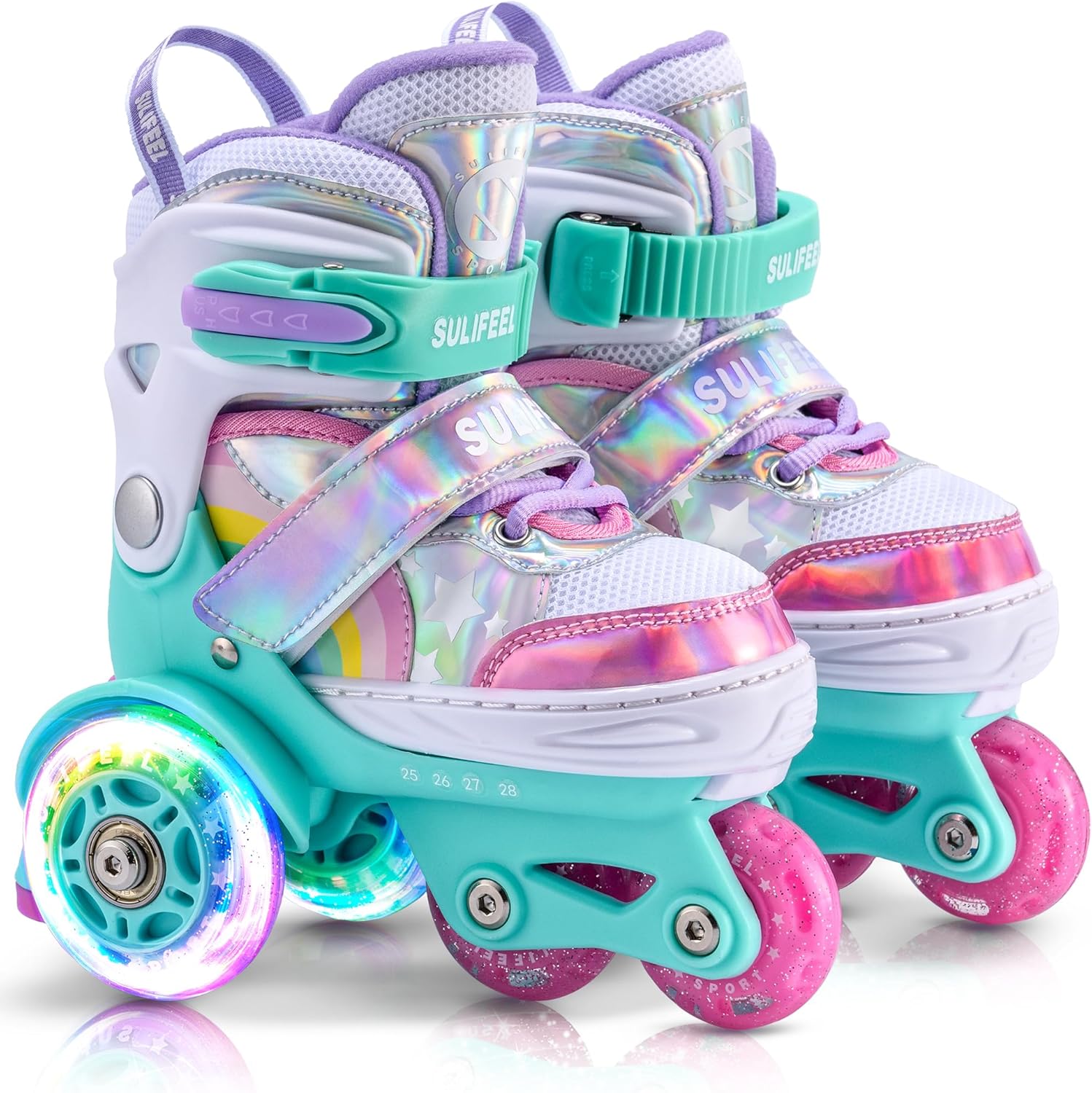 SULIFEEL Rainbow Unicorn 4 Size Adjustable Light up Roller Skates for Girls Boys for Kids