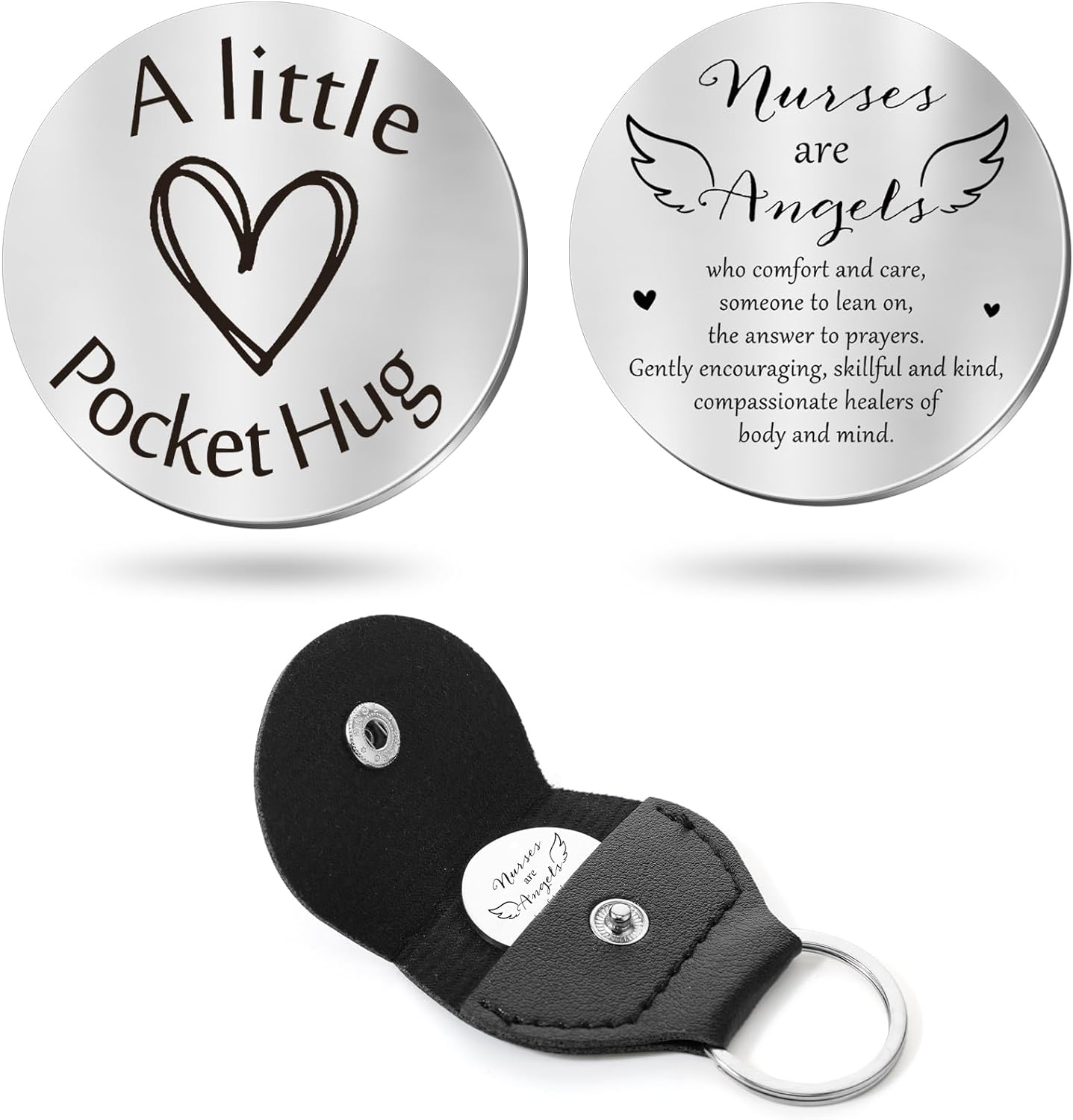 Pocket Hug Token Long Distance Relationship Keepsake Stainless Steel Double Sided Inspirational Gift with PU Leather Keychain