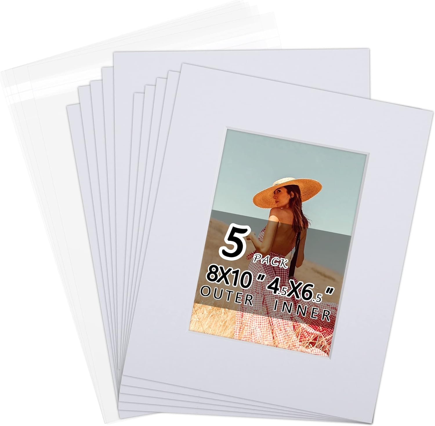 Acid-Free 5 Pack 8x10 Pre-Cut Mat Board Show Kit for 5x7 Photos, Prints or Artworks, 5 Core Bevel Cut Matts and 5 Backing Boards and 5 Crystal Plastic Bags, White