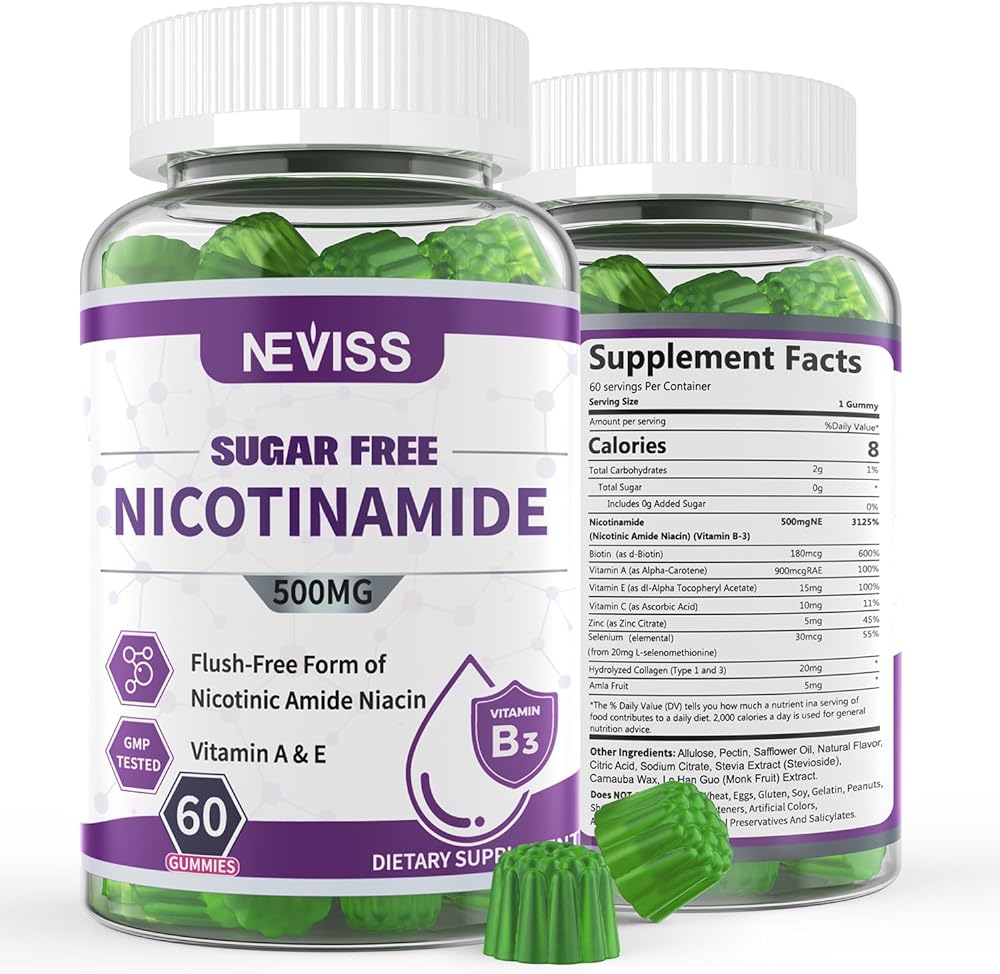 Sugar Free Nicotinamide 500mg Gummies, (Flush Free Niacin) Vitamin B3 Niacinamide Supplement for Cellular Energy Metabolism & Repair, Vitality, Healthy Aging, Cranberry Flavor, Easy to Chew, 120 Cts