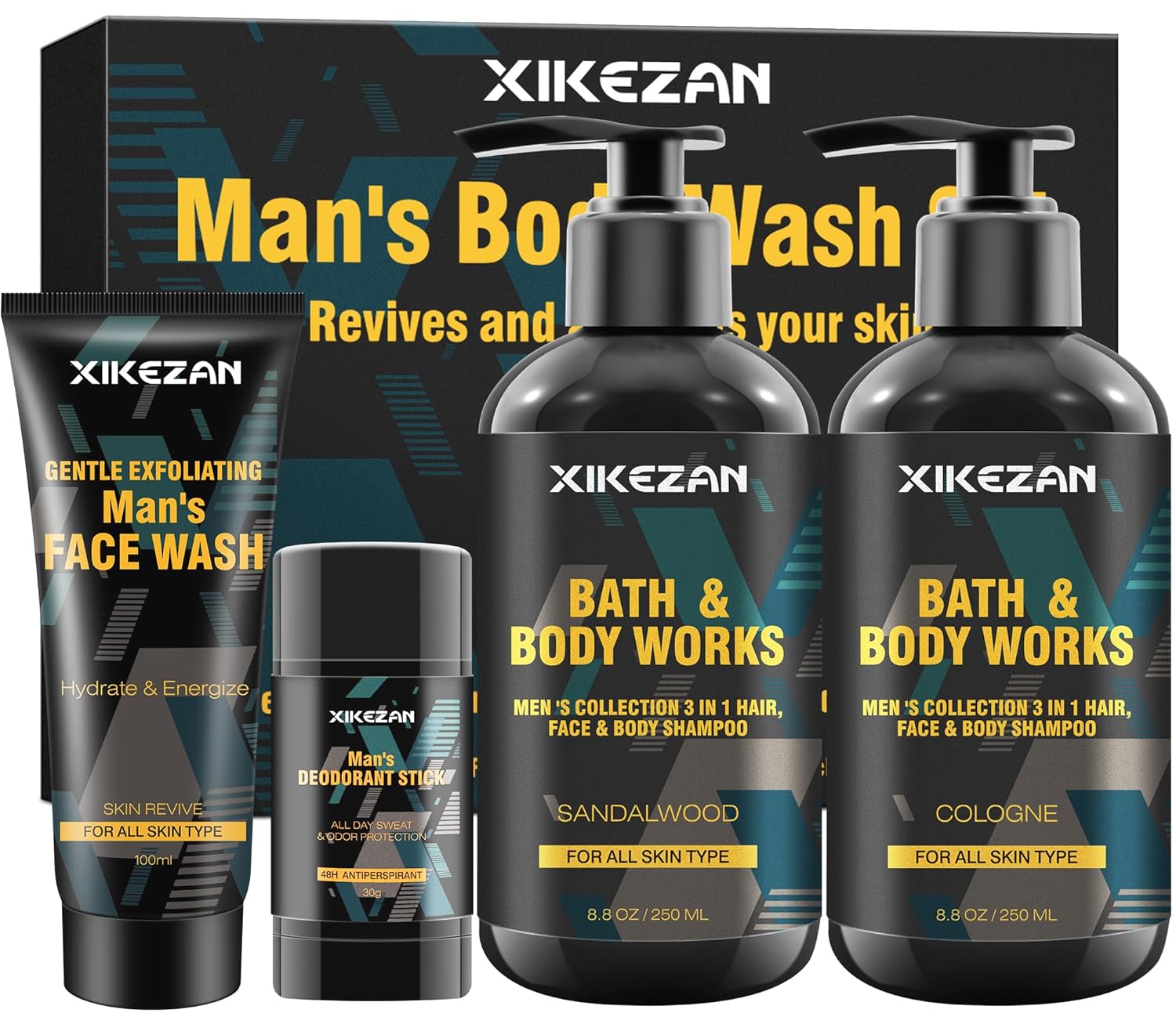 Gifts for Men,Mens Body Wash Gift Set Cleansing & Hydrating Skin w/Face Wash,Deodorant,Sandalwood & Cologne 3 in 1 Hair,Face & Body Wash,Mens Stocking Stuffers Christmas Gifts for Men Him Dad Husband