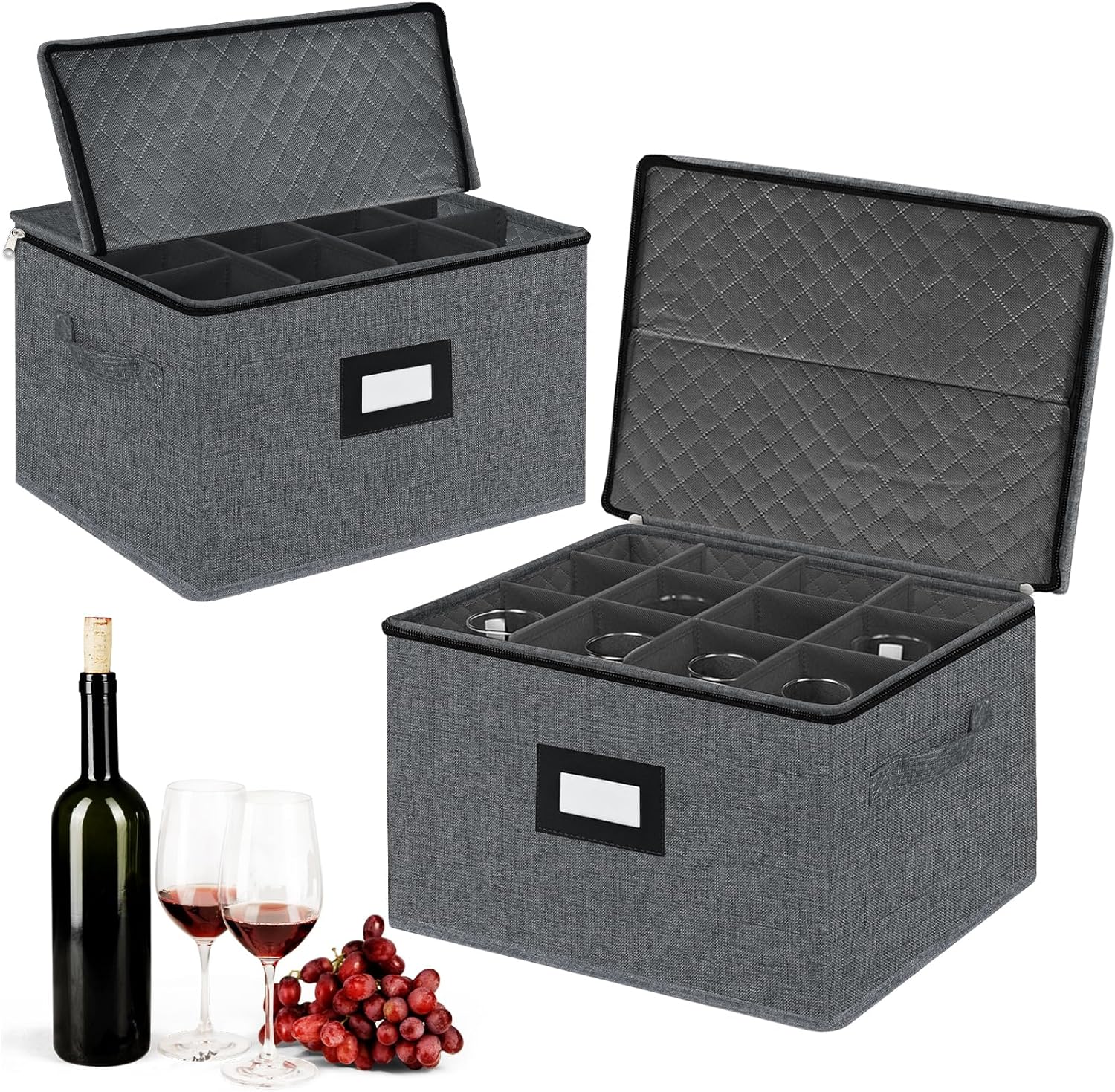 VERONLY 2 Pack Stemware Storage Cases -Quilted China Storage Containers Hard Shell for Glasses, Stackable Crystal Glassware Storage with Label, Handles for Protection,Moving (Dark Gray)