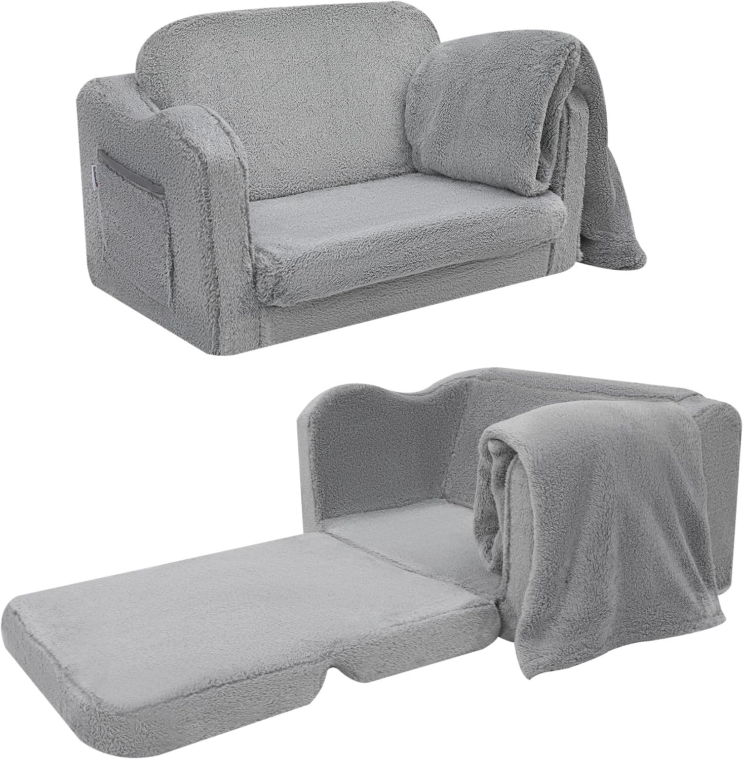 MeMoreCool Toddler Couch Fold Out Kids Couch for Playroom, Flip Out Kids Chair for Toddlers Girls Boys, Fold Up Kids Sofa Convertible Toddler Sofa to Folding Lounger, Pull Out Baby Couch Plush Grey