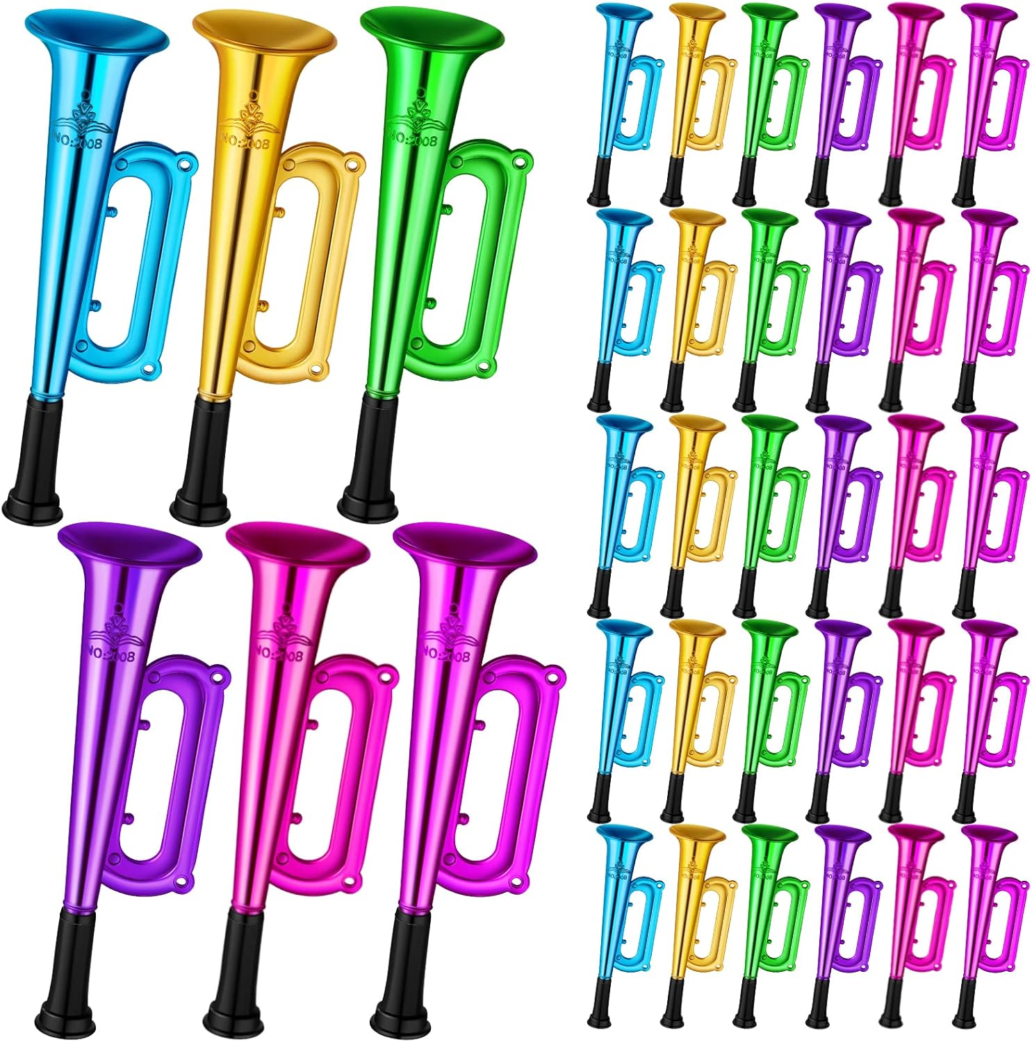 36 Pcs Plastic Trumpet Kids Noise Toys Play Metallic Trumpet Mini Shiny Blow Horn Trumpet Noise Makers Toy Plastic Colors Musical Instruments for New Year Birthday Graduation Party Favors, 6 Inch