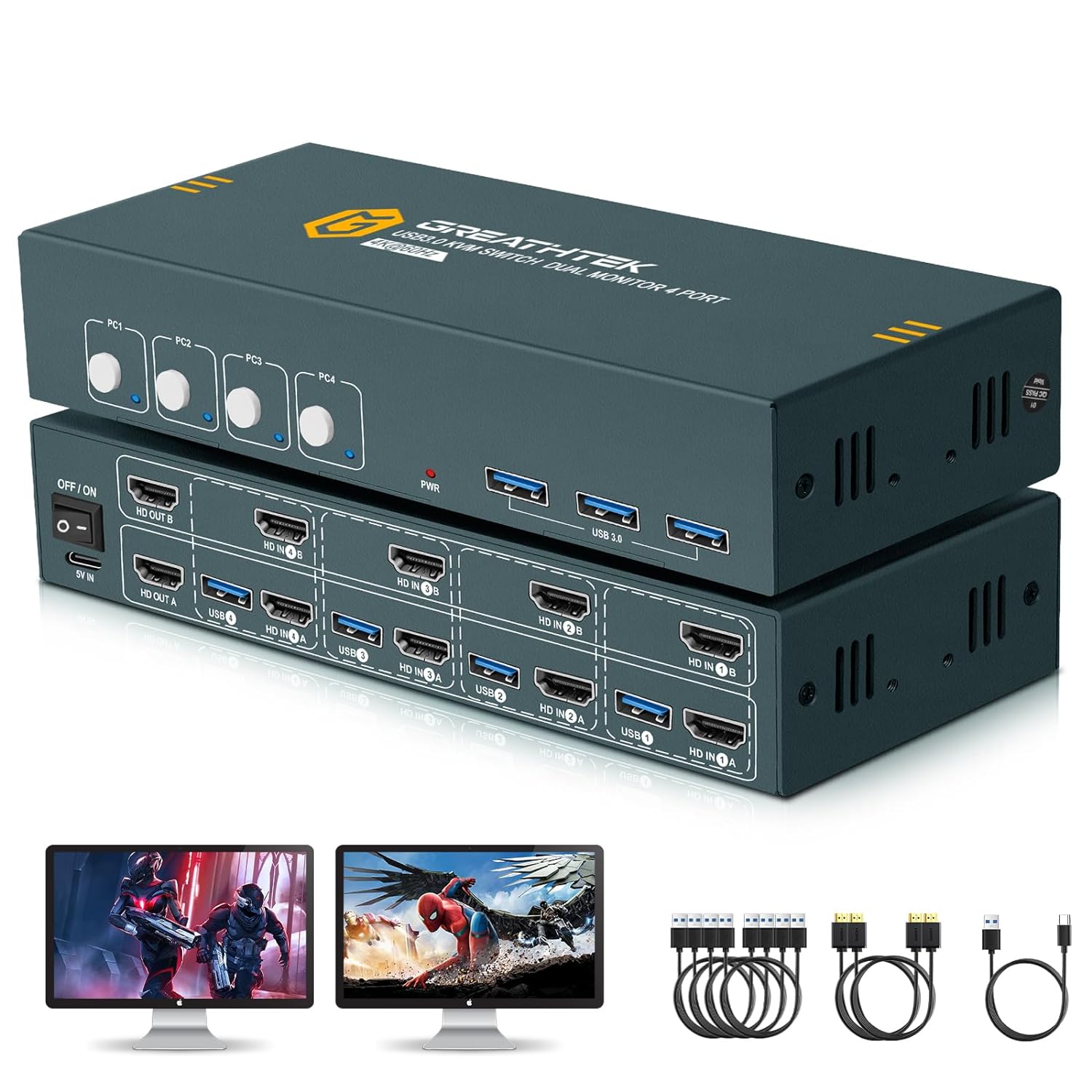 HDMI KVM Switch 4 Computers 2 Monitors,USB3.0 4 Port Dual Monitors Switch for 3 Computers 4 Computers,4k@60HZ,Adaptive EDID,4 in 2 Out KVM Switcher