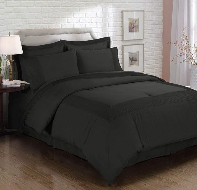 Chezmoi Collection 8-Piece Pleated Hem Solid Color Comforter Set Bed-in-a-Bag (Black, California King)