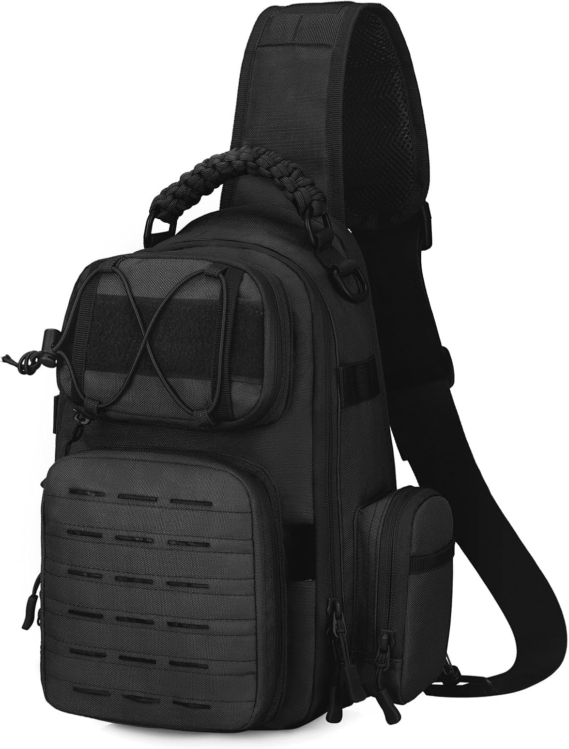 CamGo Tactical Sling Backpack Fly Fishing Tackle Bag Unisex MOLLE Casual Daypack for Fishing Hunting Hiking Travel (B2- Black)