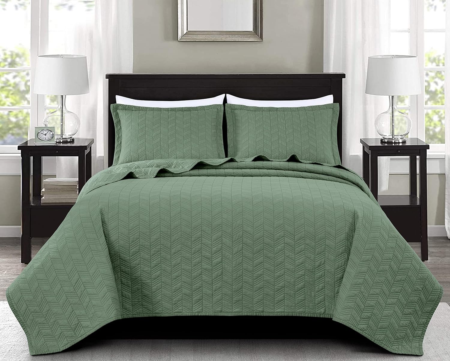 Chezmoi Collection Roswell 3-Piece 100% Cotton Quilt Set Queen Size, Sage - Geometric Striped Quilted Lightweight Vintage Washed Cotton Reversible Bedspread Set for All Season