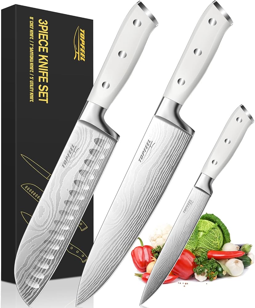3PCS Professional Chef Knife Set, Ultra Sharp Japanese Kitchen Knife, German High Carbon Stainless Steel 8 inch chef' knives 7 inch Santoku Knife 5 inch Utility Knife with Gift Box