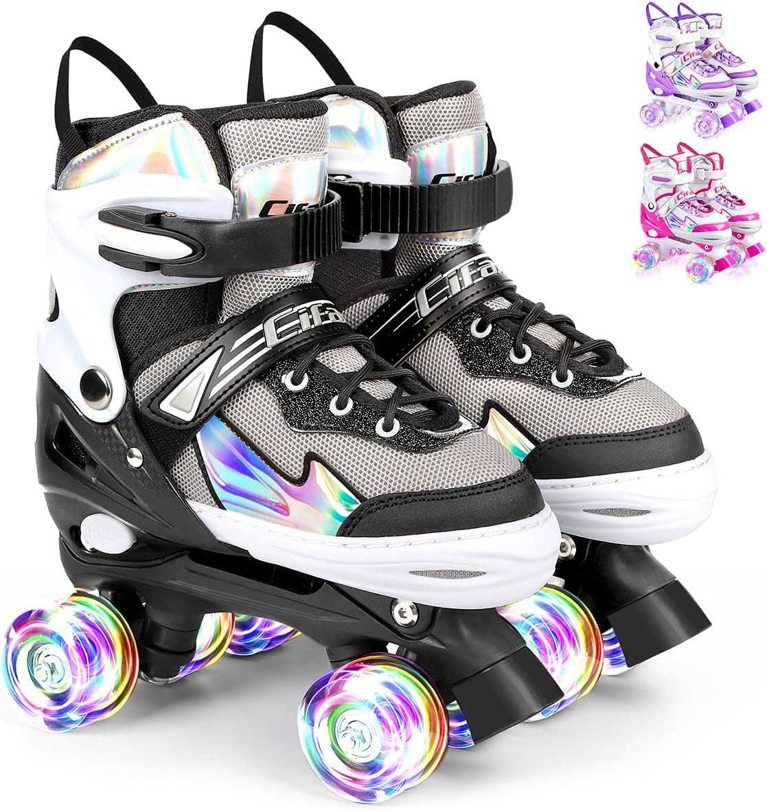 Roller Skates for Girls Boys Kids, Black Pink 4 Sizes Adjustable Kids Roller Skates with Light up Wheels and Shining Upper Design, Roller Skates for Toddler Kids Ages 4-13