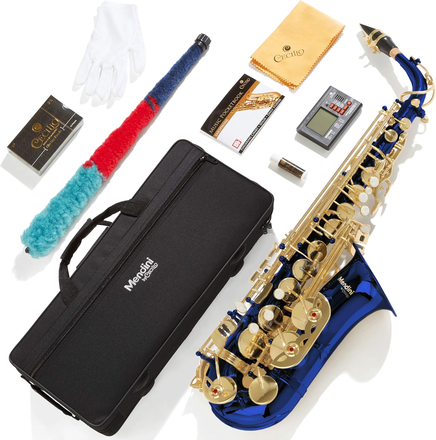 Mendini By Cecilio Eb Alto Saxophone - Case, Tuner, Mouthpiece, 10 Reeds, Pocketbook- MAS-BK r E Flat Musical Instruments