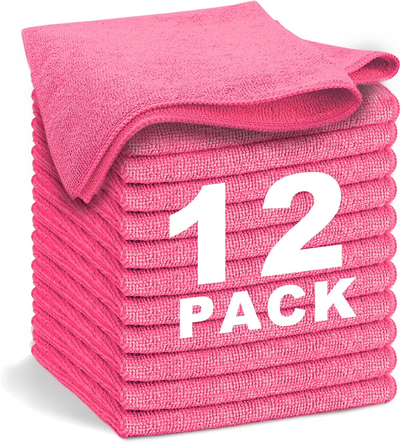 Pink Microfiber Cleaning Cloth 13x13, Ultra Soft Absorbent Microfiber Cleaning Rags for Housekeeping Cleaning Supplies, Lint Free Reusable Cleaning Cloths for House Washable, Pack of 12