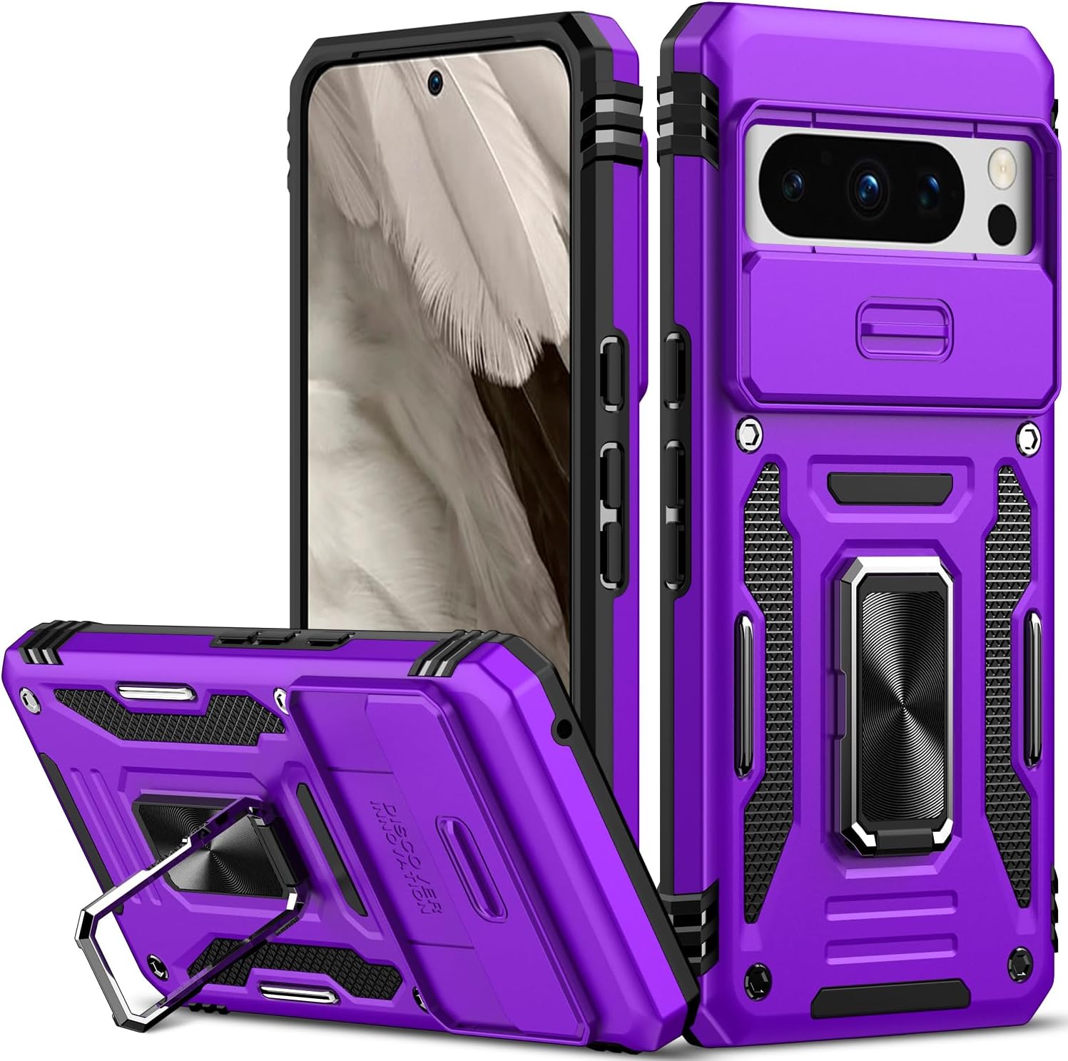 Nvollnoe for Google Pixel 8 Pro Case with Slide Camera Cover Drop Tested Military Grade Heavy Duty Protective Sturdy Rotate Ring Kickstand Phone Case for Google Pixel 8 Pro(Purple)