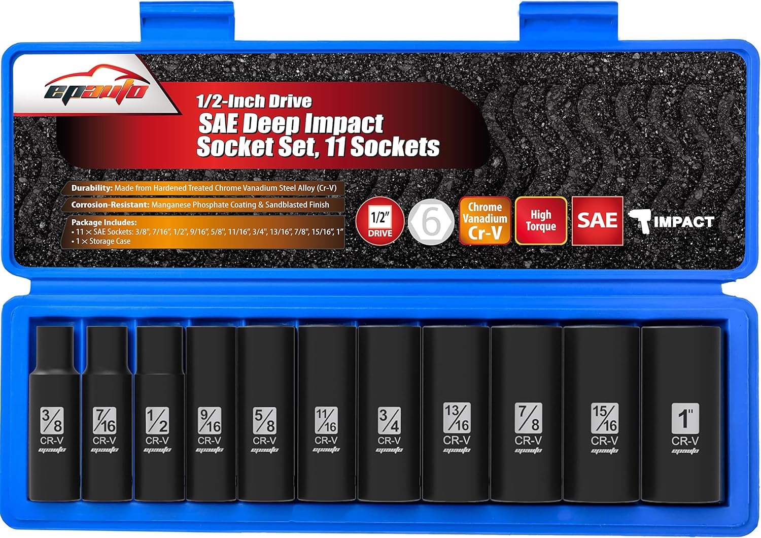 EPAuto 1/2-Inch Drive SAE Deep Impact Socket Set, Cr-V, 6 Points, 11 Sockets