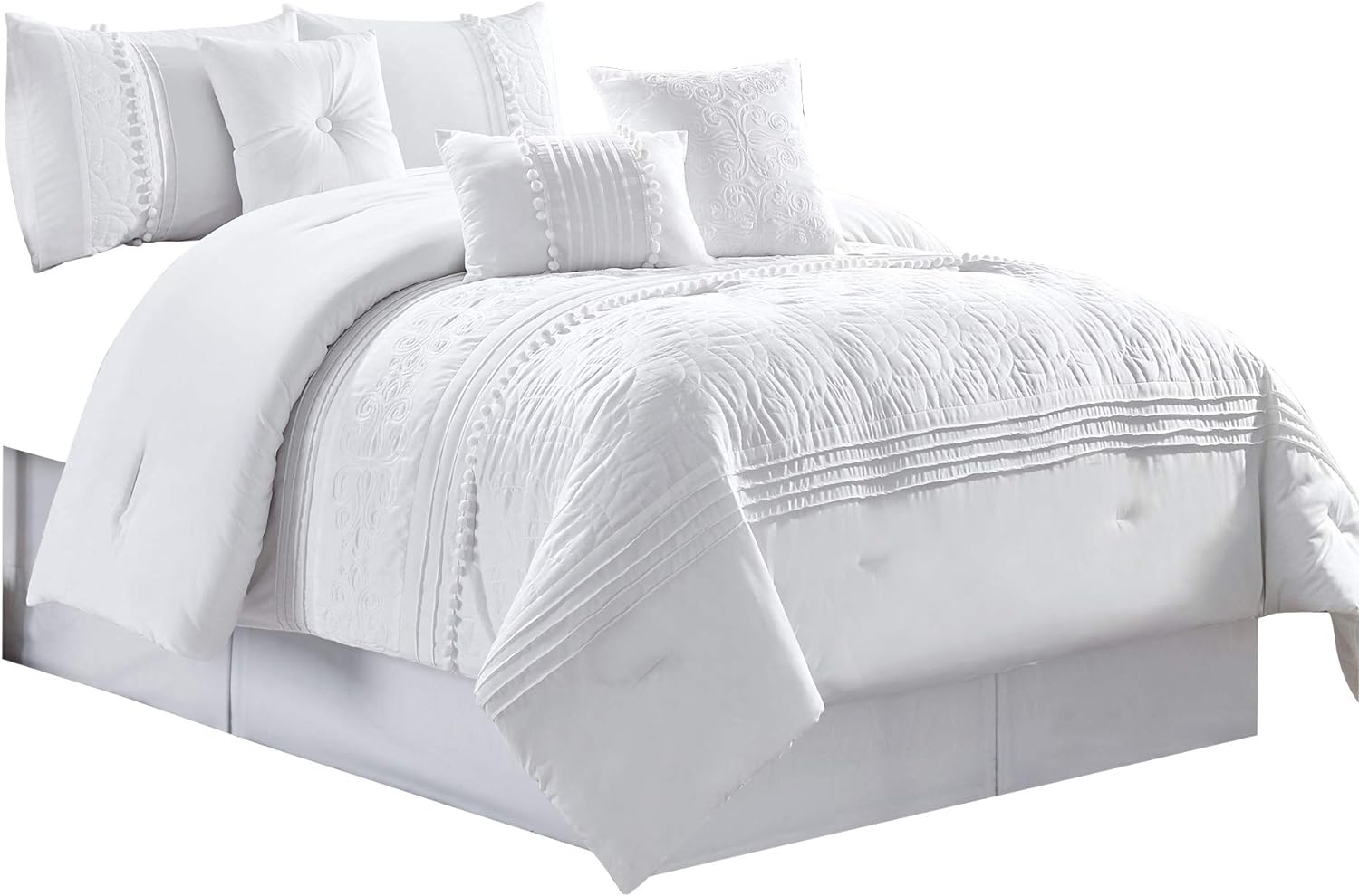 Chezmoi Collection Grace 7-Piece White Floral Chenille Embroidered Pleated Striped Comforter Set, California King