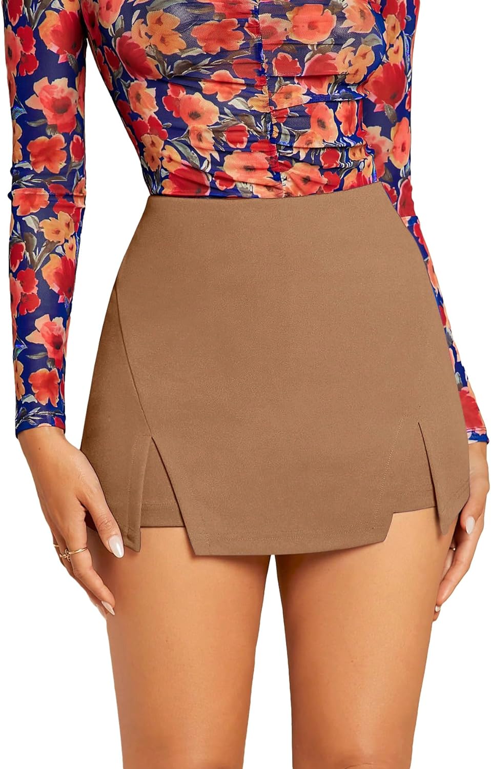 WDIRARA Women' High Waist Split Hem Skort Zip Back Plain Skirt Shorts